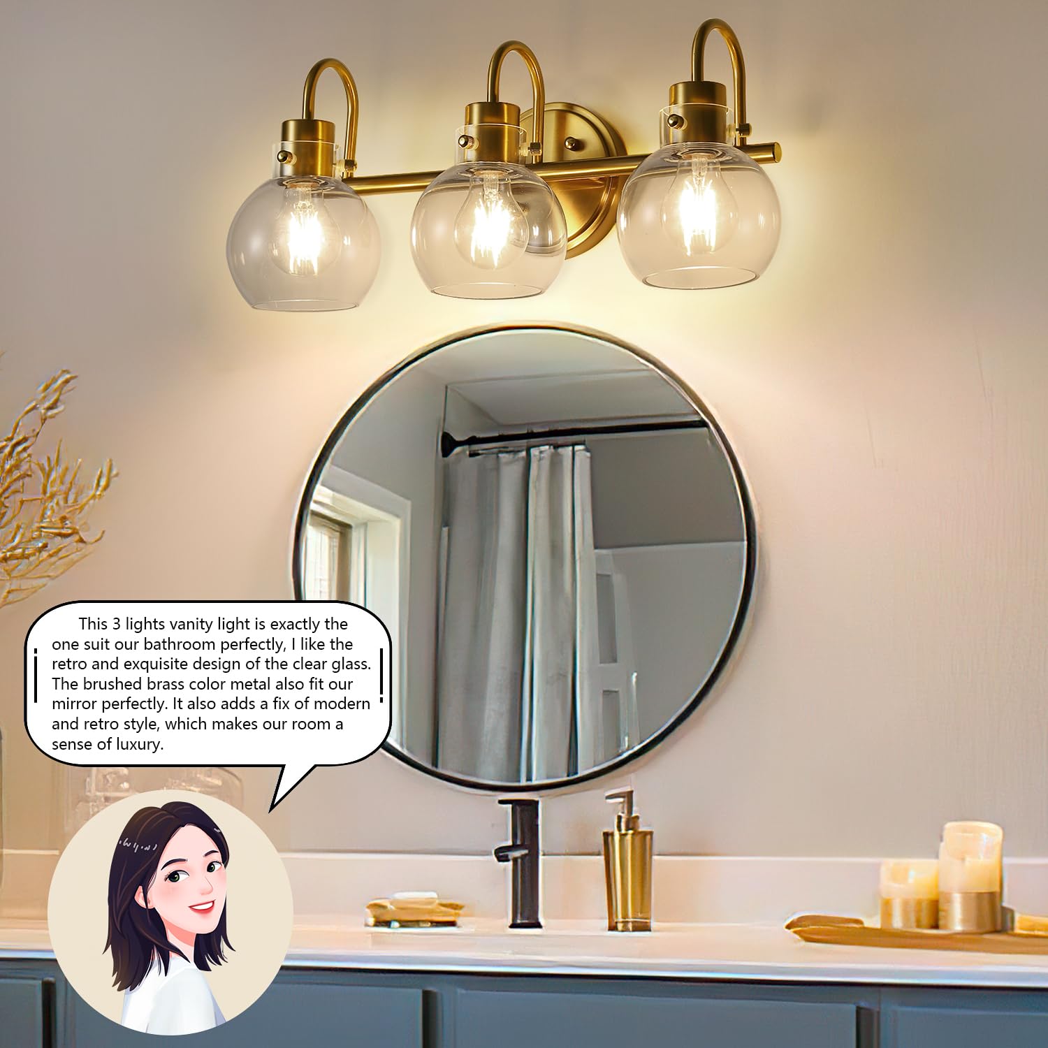 Apenath 3-Light Vanity Light, Brushed Brass Bathroom Fixture With Clear Glass Shade