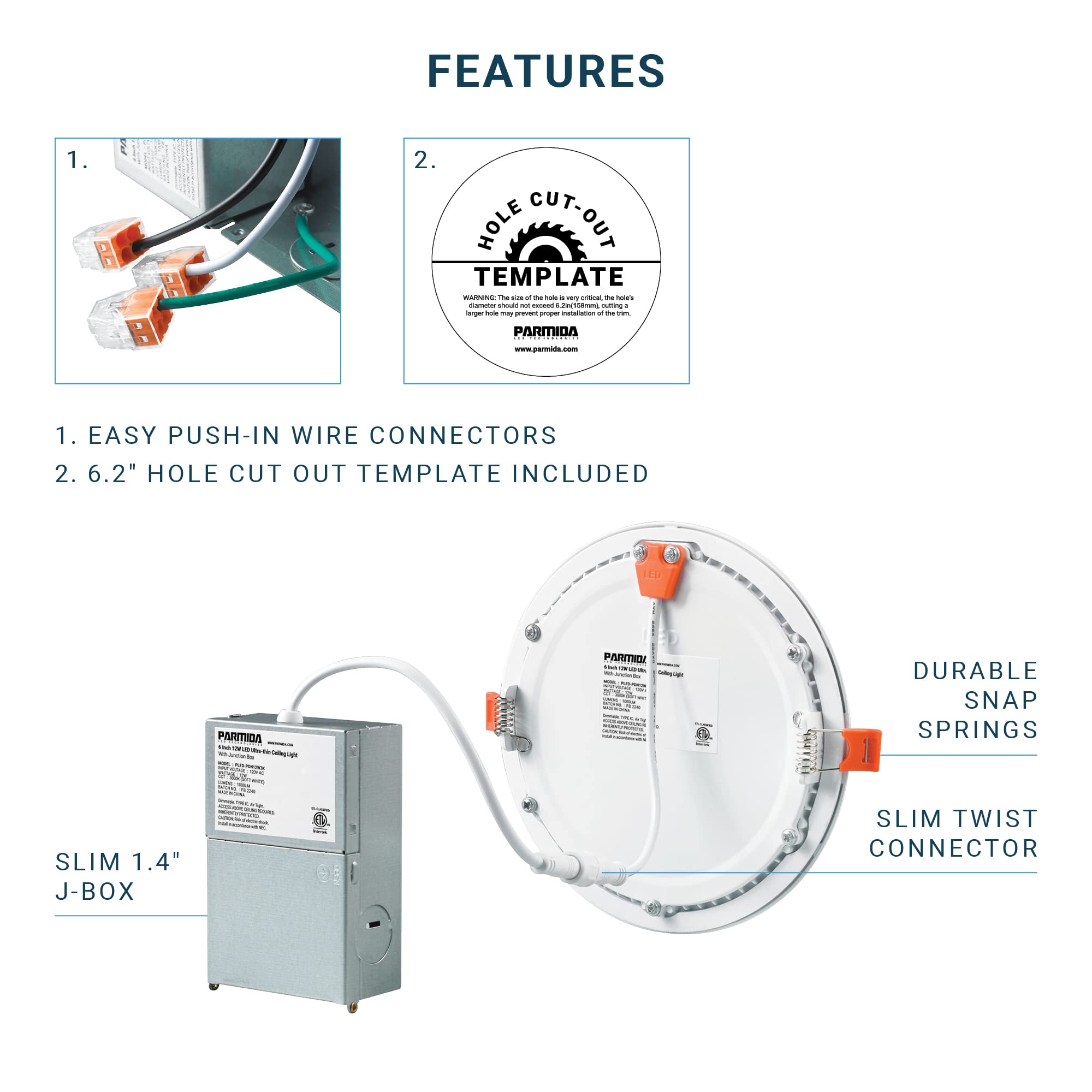 Parmida (12 Pack) 6 Inch Ultra-Thin Led Recessed Ceiling Light With Junction Box, 12W, Dimmable Canless Wafer Slim Panel Downlight, Ic Rated, Etl-Listed - 3000K