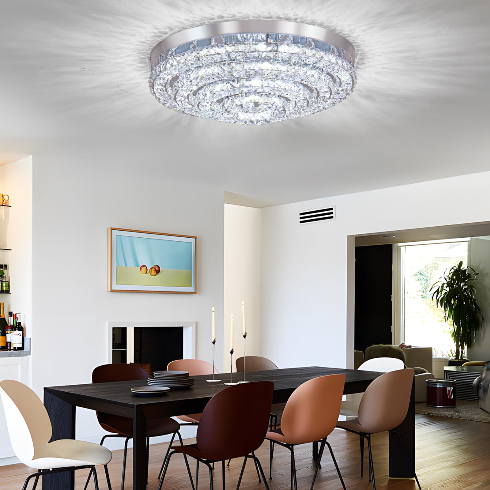 Cainjiazh Modern LED Chandelier Flush Mount, Dimmable, Four Rings, Crystal, Model 1234, Ideal for Bedroom, Living Room, Dining Room
