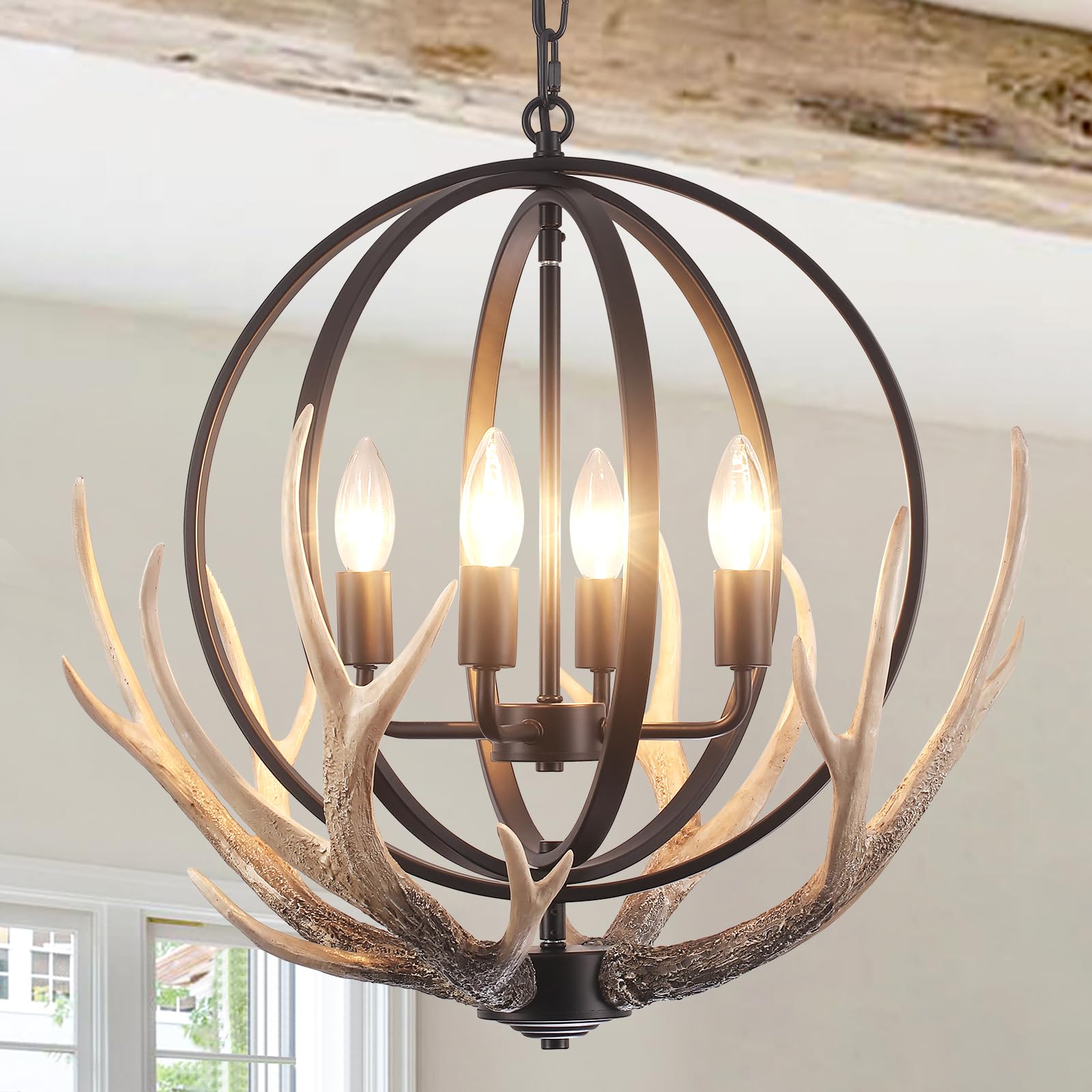 Antler Chandelier 4-Light Farmhouse Rustic Chandelier For Dining Room Light Fixture With 4 Resin Deer And Metal Globe Chandelier
