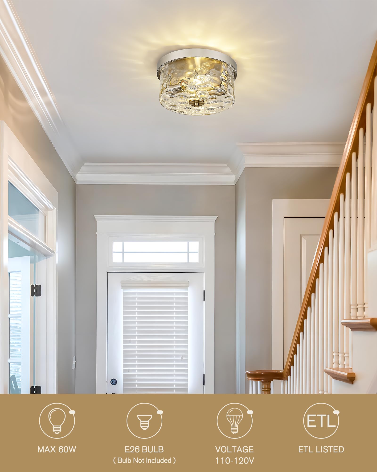 Emak 11&quot; Brushed Nickel Flush Mount Light Fixture With Hammered Glass Shade, 2-Light Ceiling Light