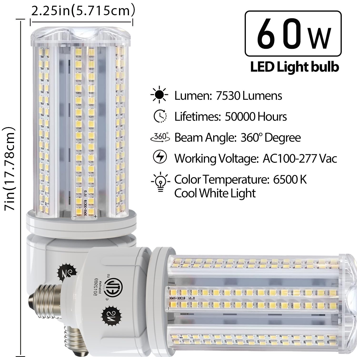 Ns 2 Pack 7530 Lumen A19 60W Led Corn Light Bulbs E26 Medium Base 6500K Cool White For Home Garden Lighting Garage Backyard Offi