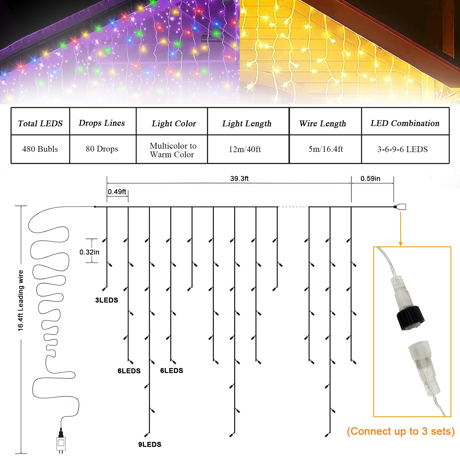 Wafloter 480 LED Color Changing Icicle Christmas Lights, 39.3ft Waterproof String Lights for Outdoor Eaves, Multi-color to Warm Color
