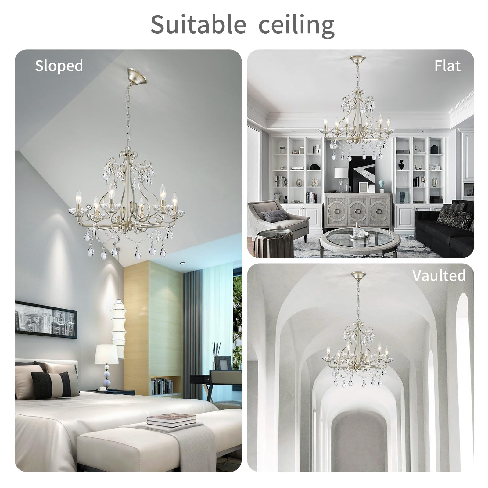 WUZUPS Crystal Candle Chandelier, Modern Nickel Flushmount Light, 22.5" x 21.7", E12 Base, 6 Lights for Bedroom, Hallway, Kitchen, Bathroom