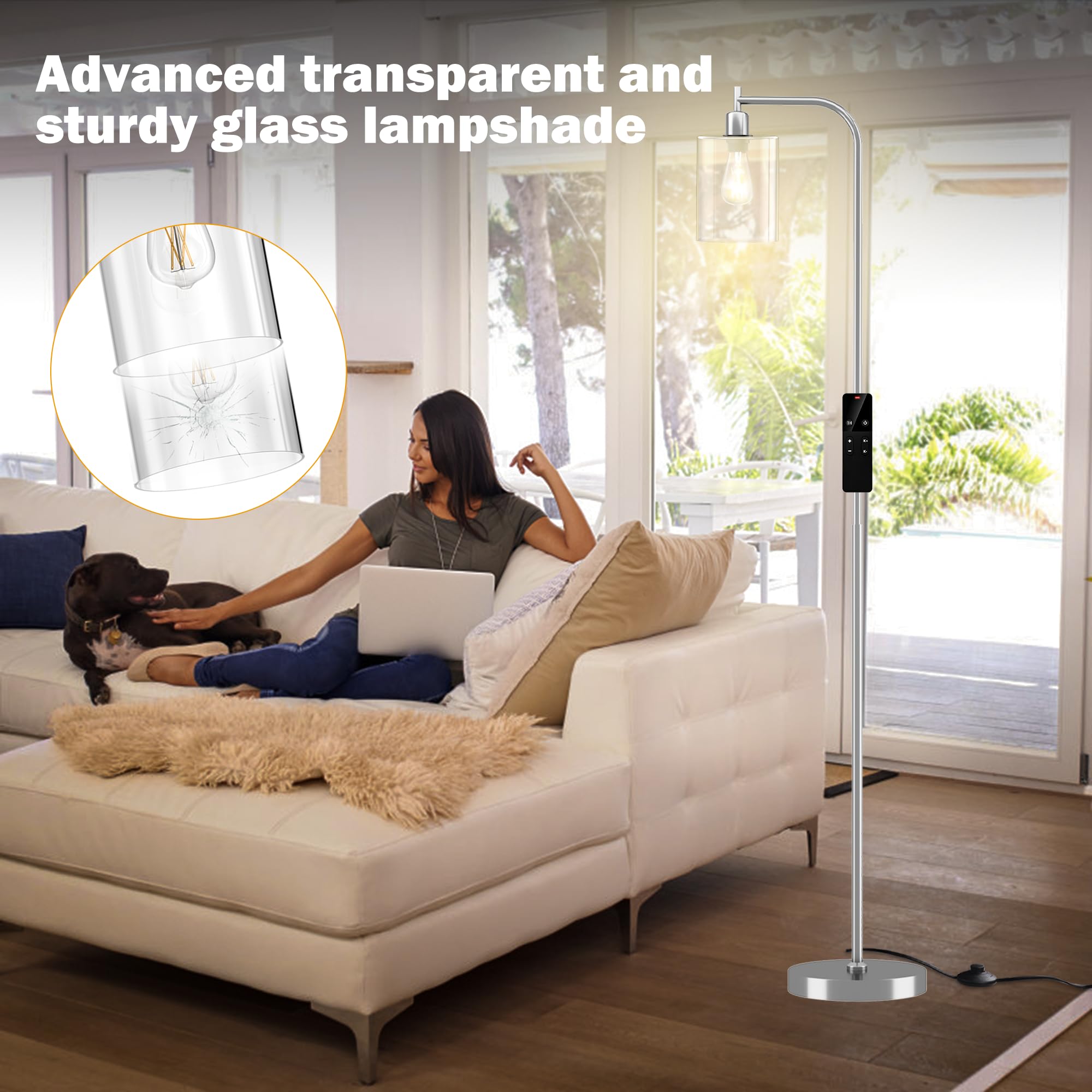 Wio-Mio Industrial Floor Lamp - Modern Dimmable with Remote, Brushed Nickel, Tall Design for Living Room, Bedroom, Office, Model MF19334