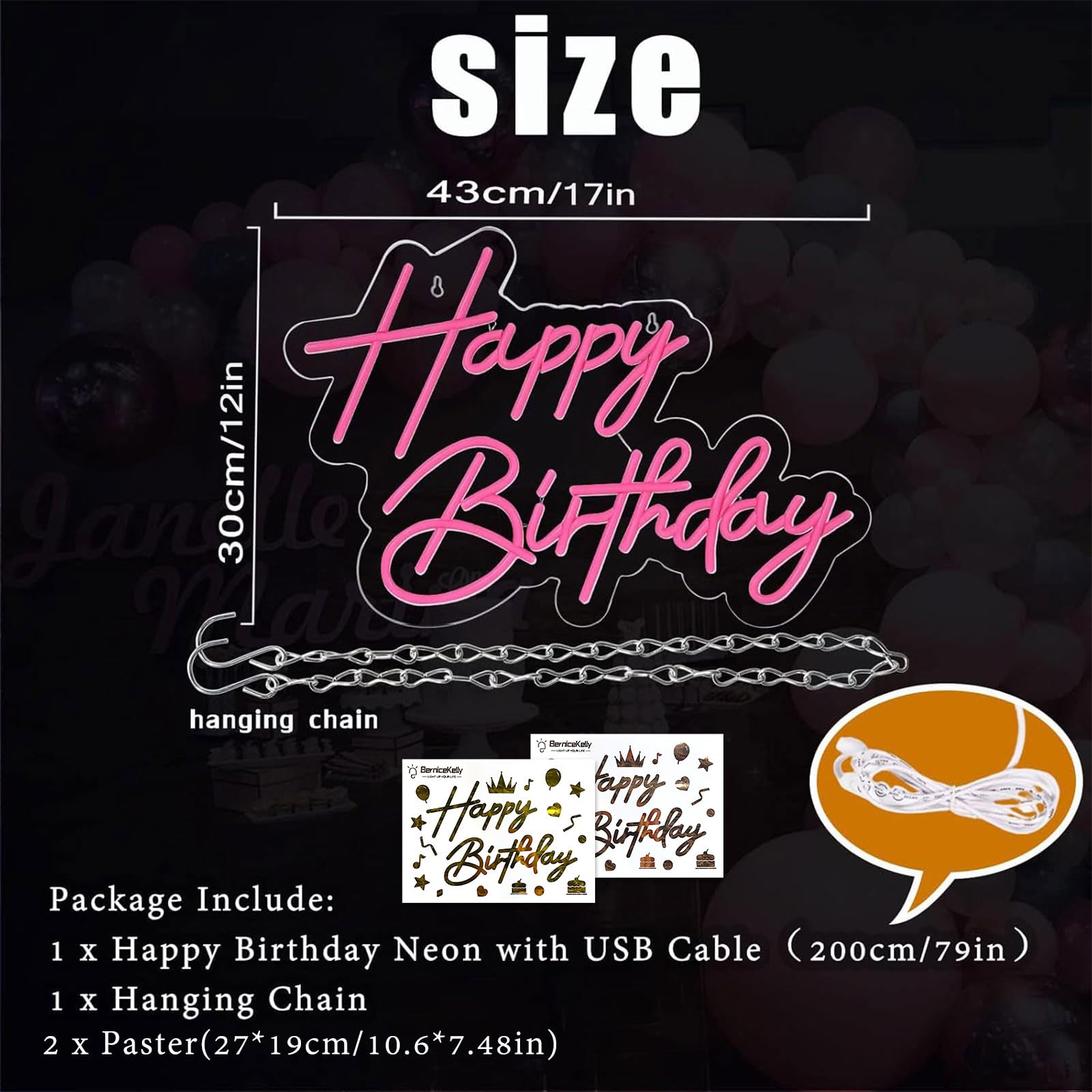 BerniceKelly Happy Birthday Neon Sign, Pink LED Light, 17x12 Inch, Model AW-12