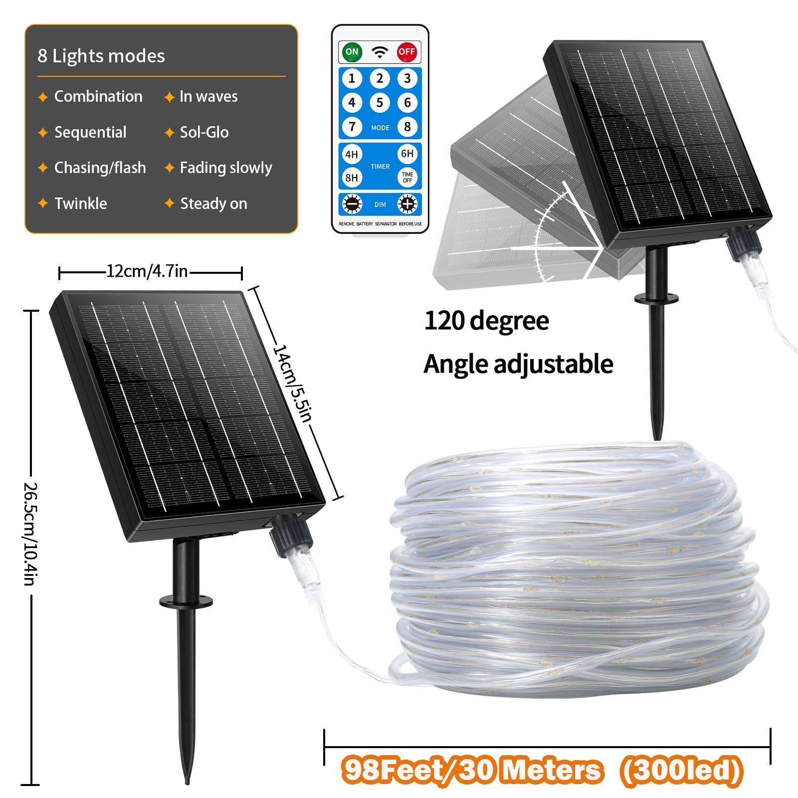 Solar Rope Lights 98Ft Waterproof 300Leds, Rechargeable Solar String Light With Remote Control,Outdoor Palm Tree Holiday Lights