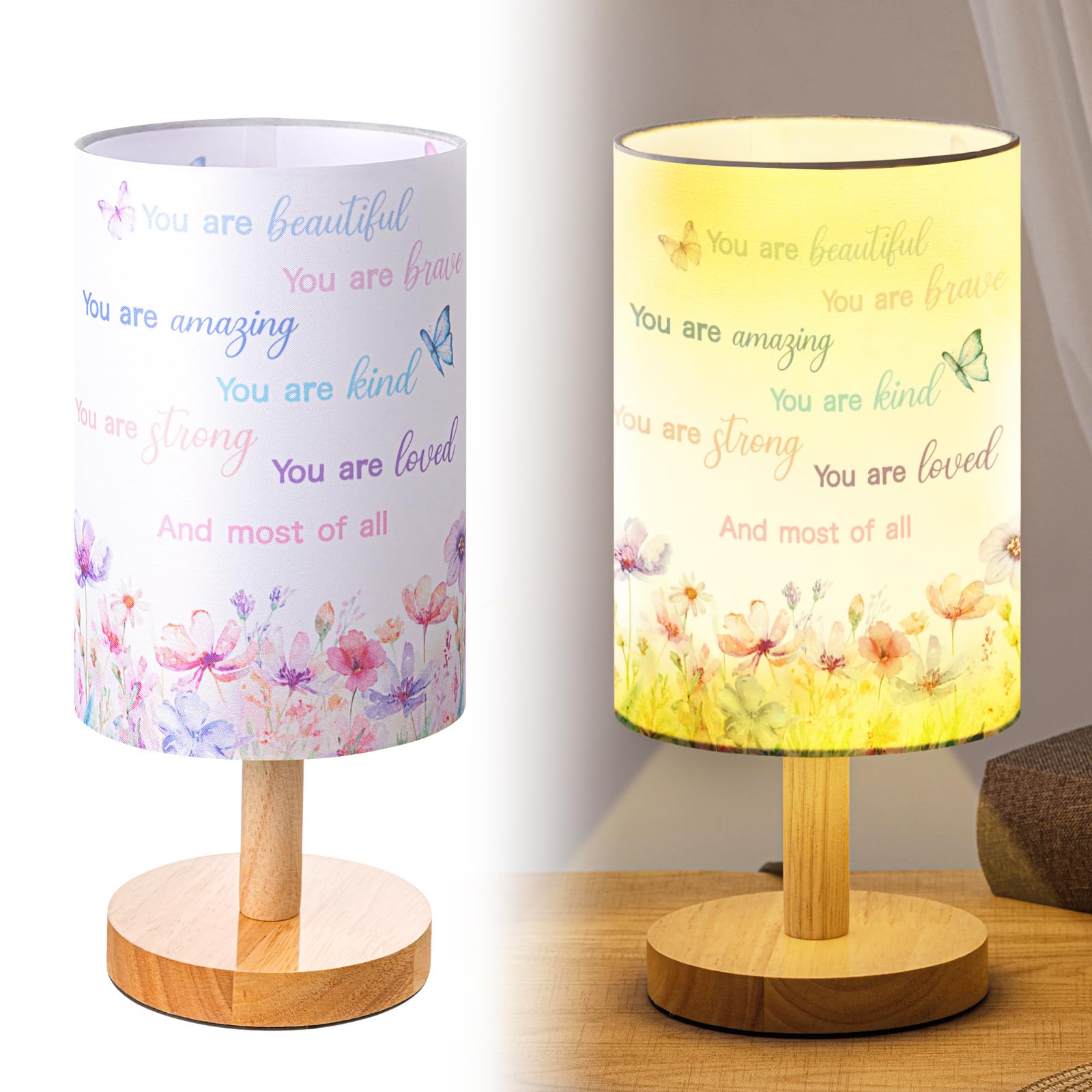 Tujoe Butterfly Girl Room Lamp Motivational Purple Desk Lamp for Kids Fabric Nightstand Table Lamps Bedside Decor for Girl Kids 