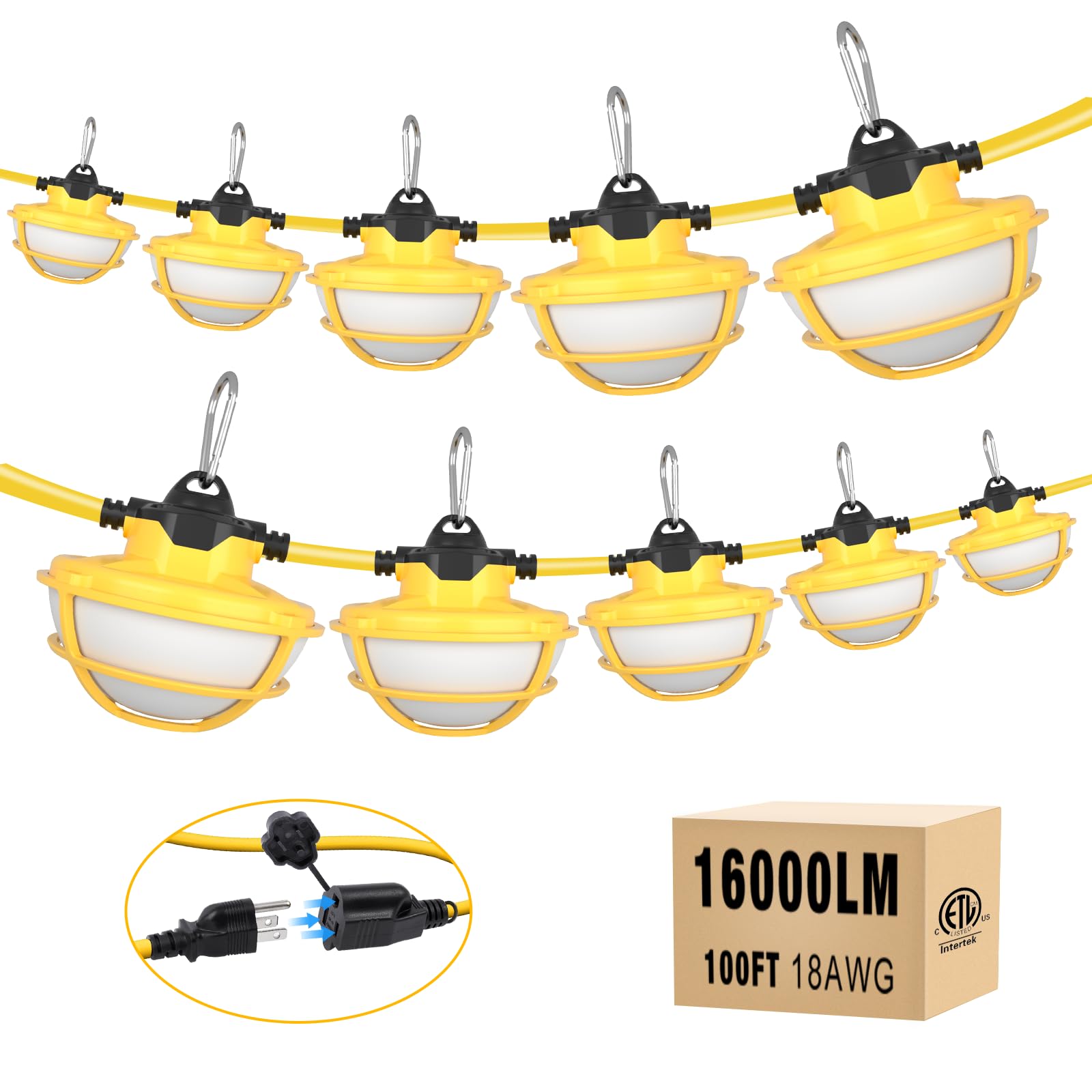 100FT LED Construction String Lights - 3 Prong, 130W 16000LM Plug in Linkable String Work Lights, 5000K Weatherproof Temporary L