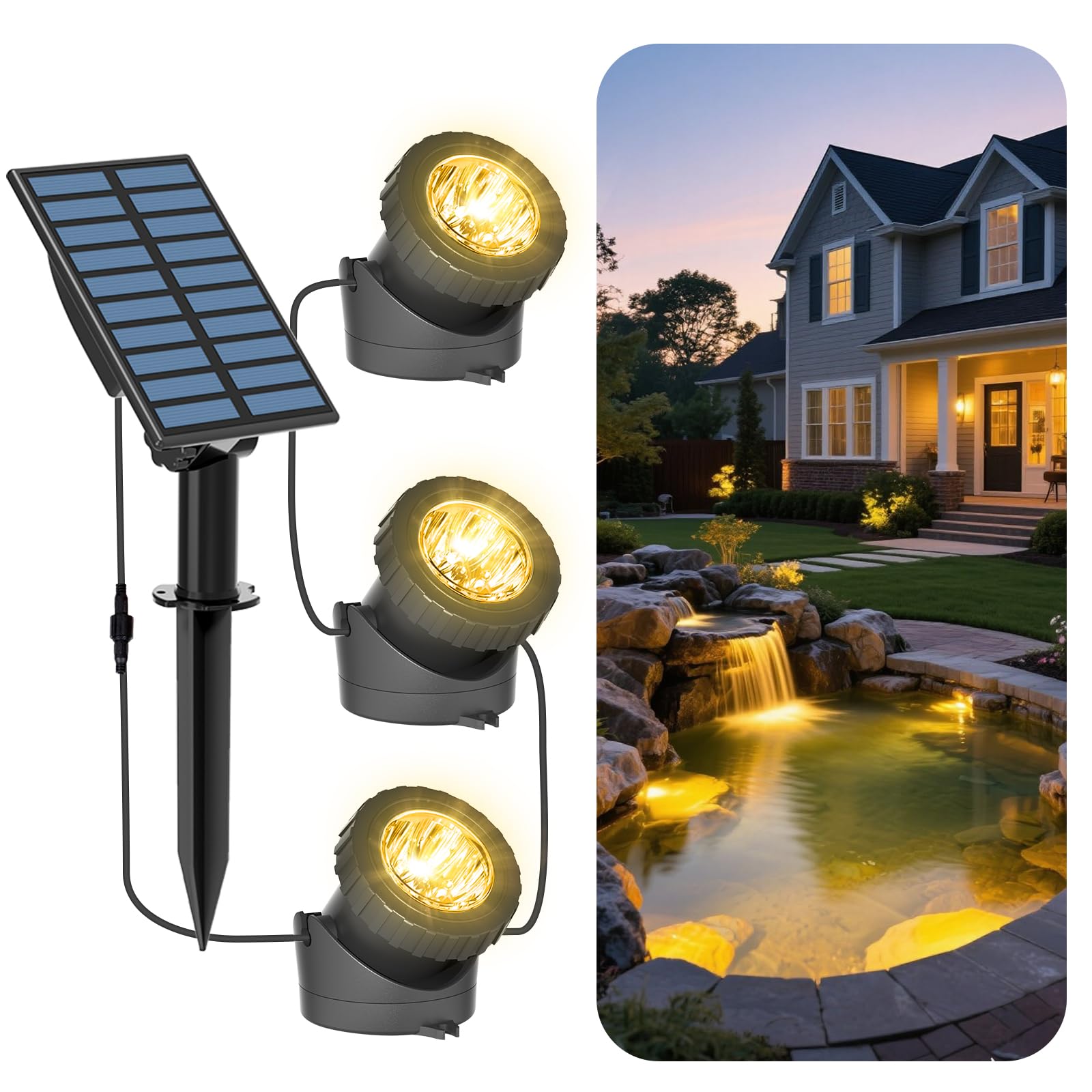 T-SUN Solar Pond Lights, 3-in-1 Warm White LED Submersible Light with 2 Light Modes, IP68 Waterproof Floating Underwater Lights 