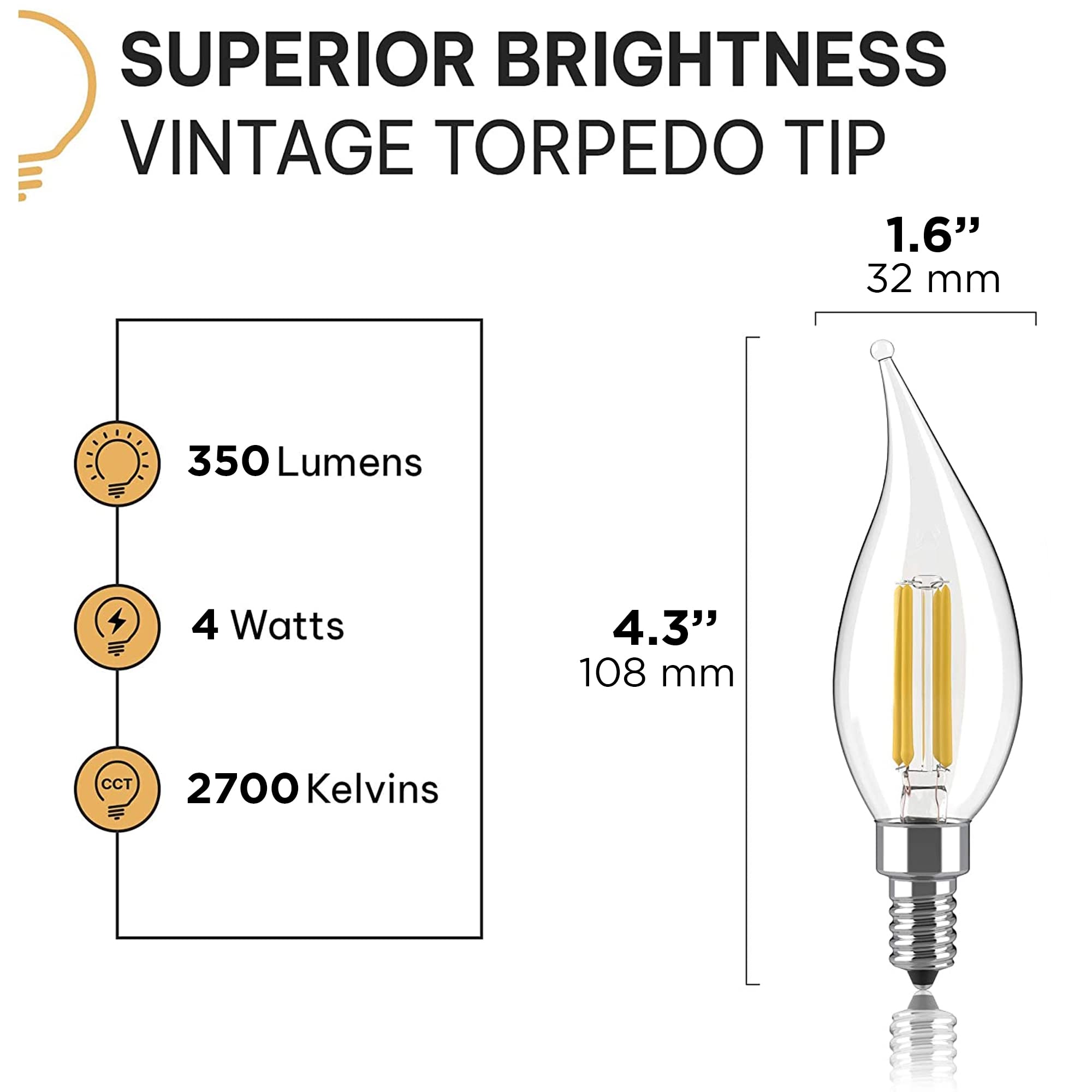 Dimmable E12 Led Candelabra Bulb Set - 4W, 40W Equivalent - 2700K Warm Light Vintage Style Candle Lightbulb For Chandelier, Ceiling Fan, Sconce, Desk Lamp Or Porch Lights, Flame Tip (Pack Of 6)