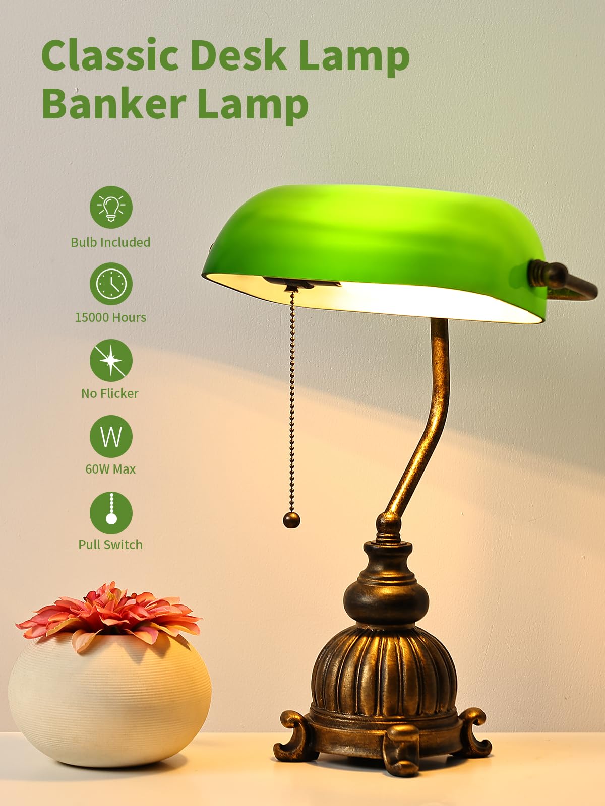 Newrays Vintage Green Glass Bankers Desk Lamp, Antique Green, LED Bulb, Pull Chain Switch, Model T906SZ-3