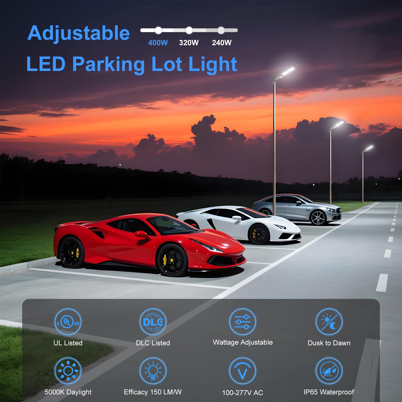Kukuppo 400W Led Parking Lot Light Power Adjustable  Dusk To Dawn Led Shoebox Flood Pole Light Outdoor Parking Lighting With Slip Fit 60 000Lm 5000K Ip65 Waterproof 100-277V Dlc Ul Listed