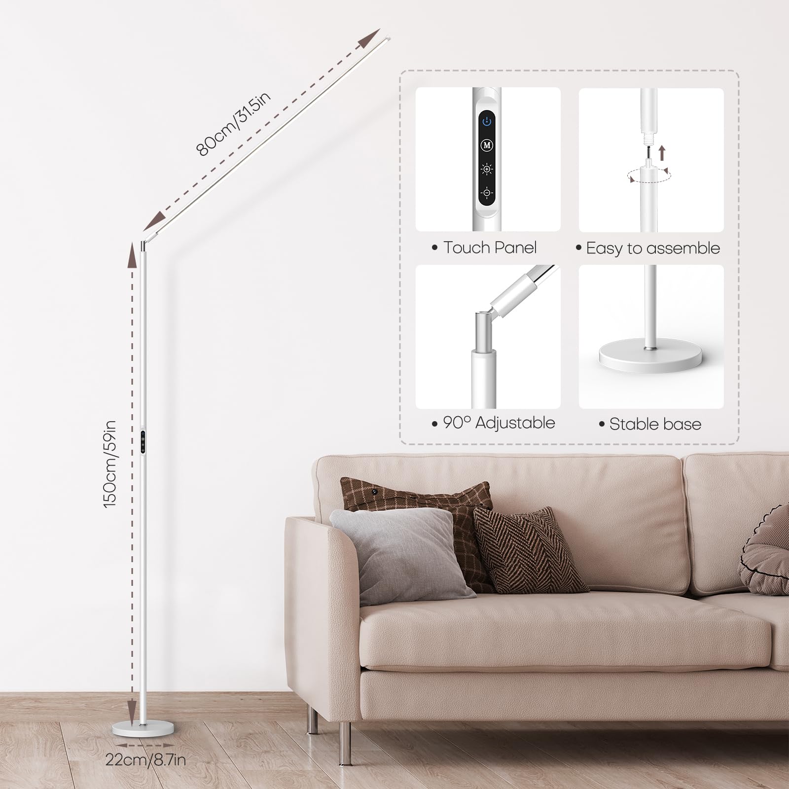 SAMPHON LED Reading Floor Lamp - Touch Control, Dimmable 5 Color Temp, Eye-Caring Bright Light, White, Model ML316