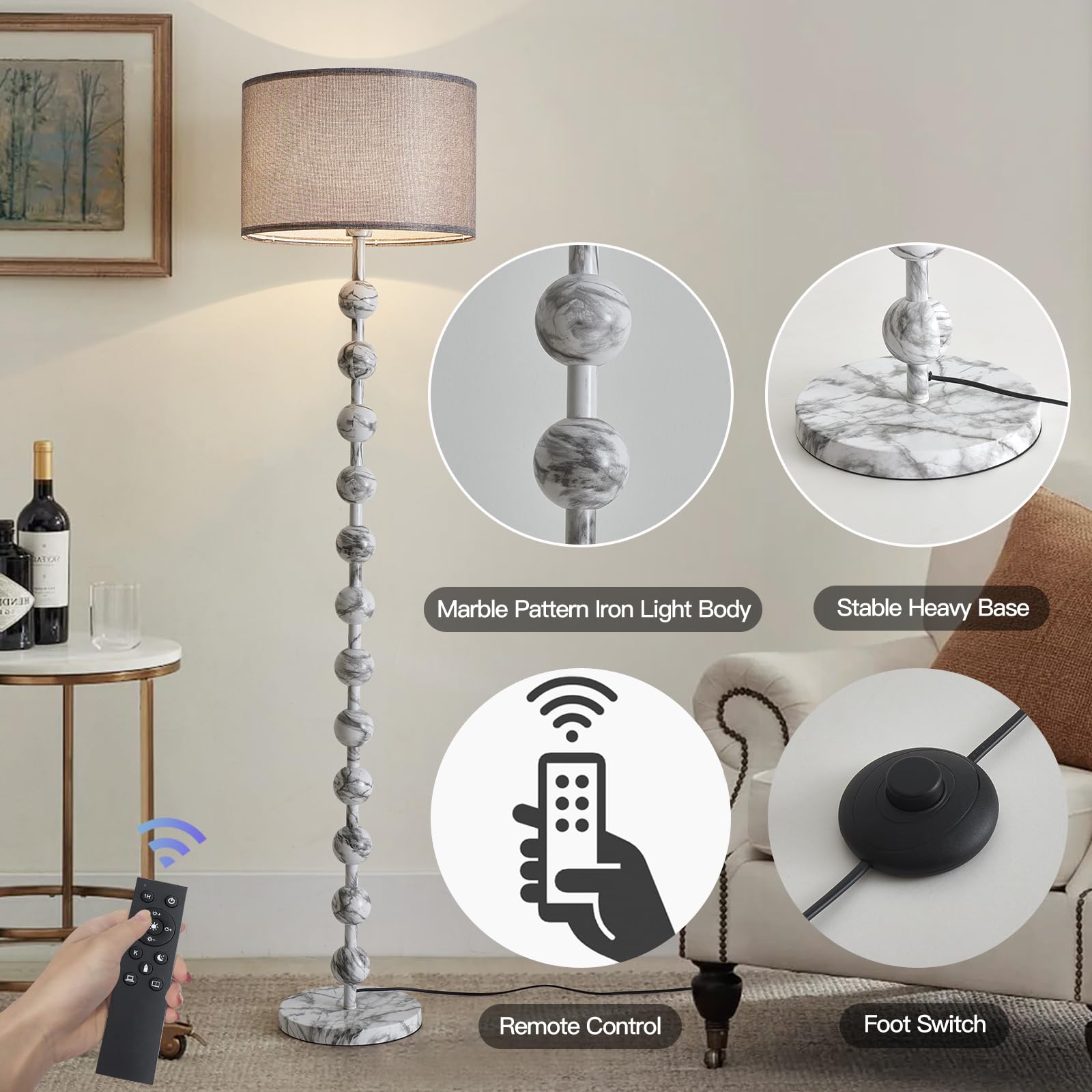 Fetason Modern Dimmable Floor Lamp for Living Room Bedroom with Remote Control, Marble Pattern Tall Standing Lamp Light with Fab