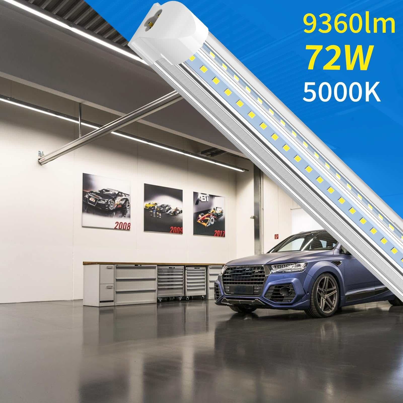 SHOPLED LED Shop Light 8FT, 72W 5000K Daylight White, 9360LM Clear Cover, V Shape, T8 LED Tube Light Fixture, High Output, 8 Foo