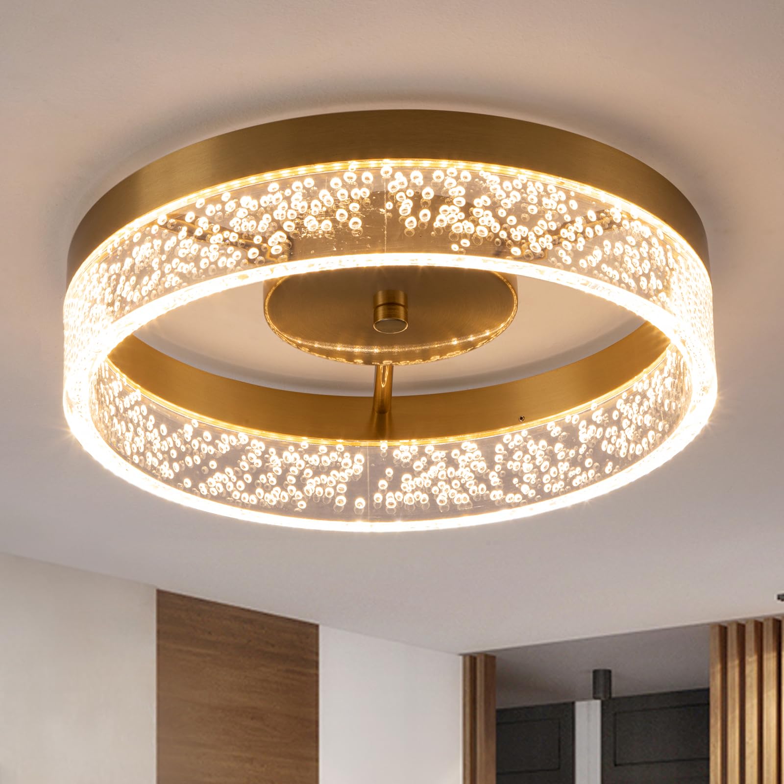 Jaycomey Modern LED Ceiling Light Fixture, 11.65'' Flush Mount Kitchen Lighting Gold with Clear Seeded Acrylic Lampshade,Round C