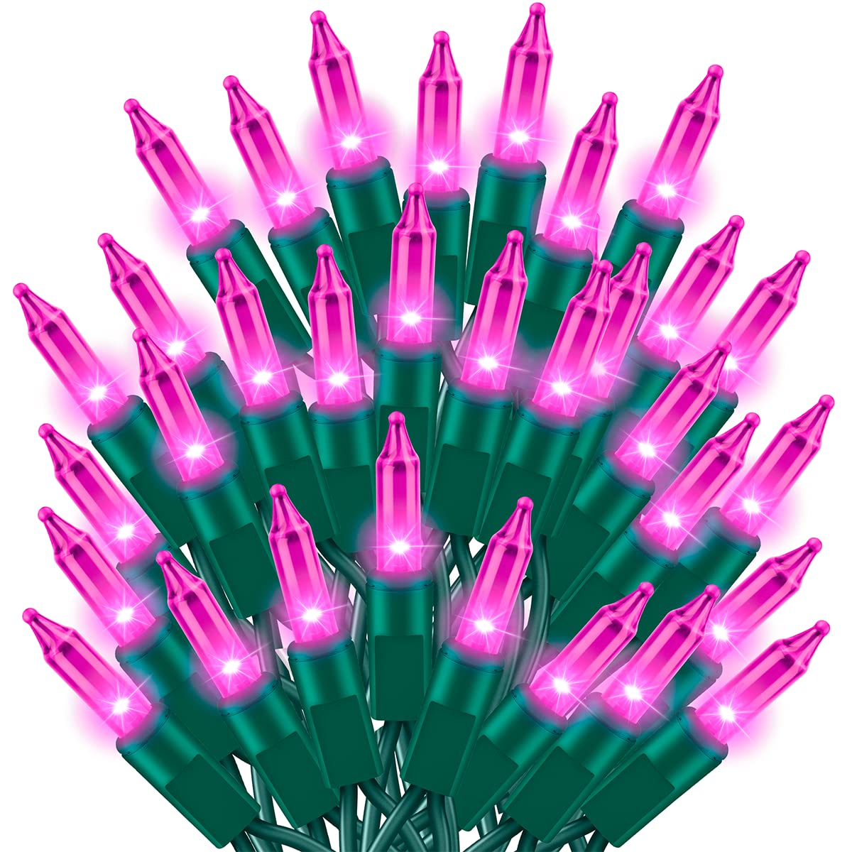TWINGLEHOME Ultra-Bright Connects End to End Pink Christmas Mini Light 300L 63.8Ft(2Sets-Each 150L)UL Listed Incandescent Bulb S