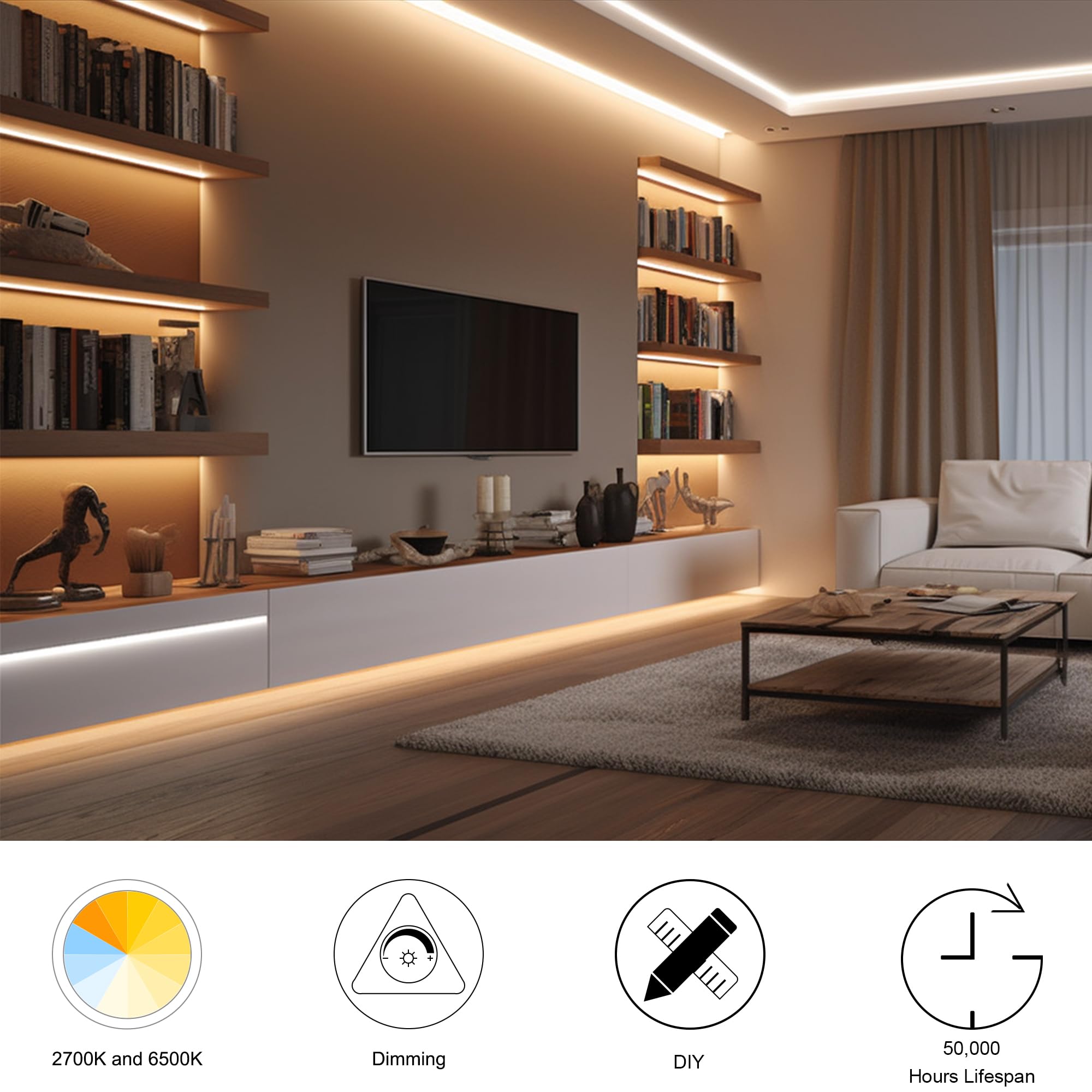 AXMOTUT CCT COB LED Strip Lights, 49ft Dimmable 2700K-6500K, High Density CRI 90+, Remote & Power Supply, Warm White