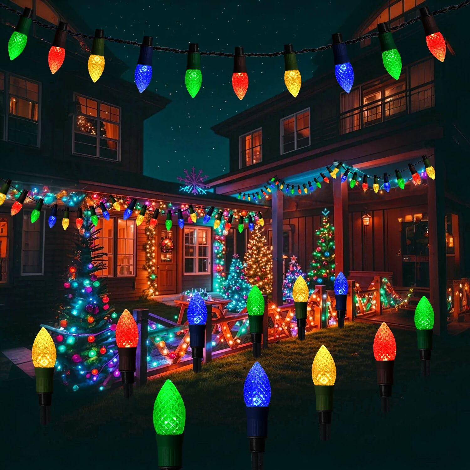 Solar Christmas Pathway Lights Outdoor, 20 Led C9 Christmas Lights With 20 Stakes, 23Ft Solar Christmas Decorations Strawberry S