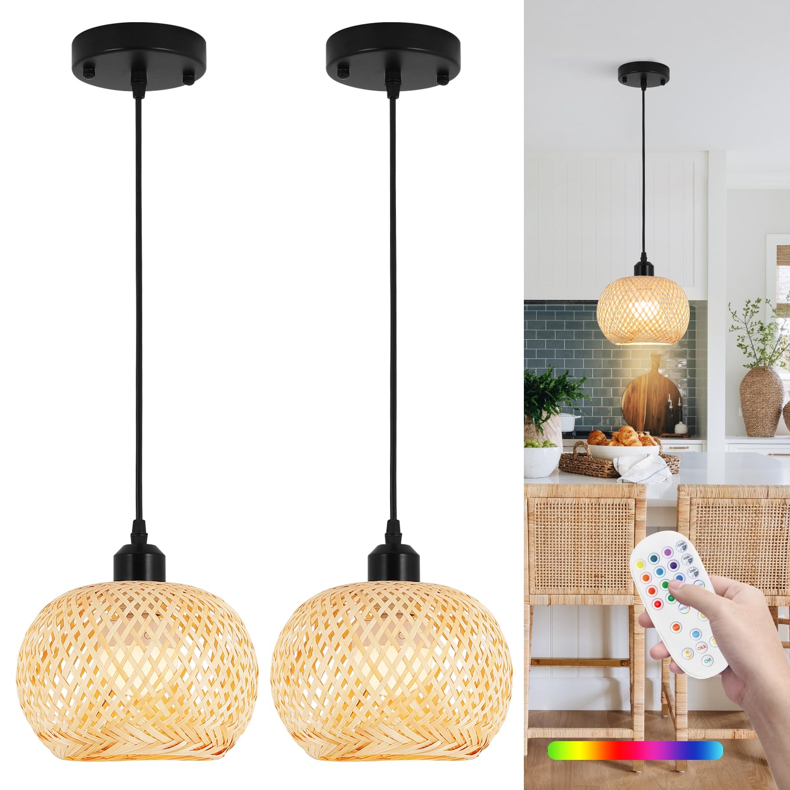 Boho Pendant Light Battery Operated,Rechargeable Woven Pendant Light with Remote,Rattan Pendant Light Fixtures for Kitchen Islan