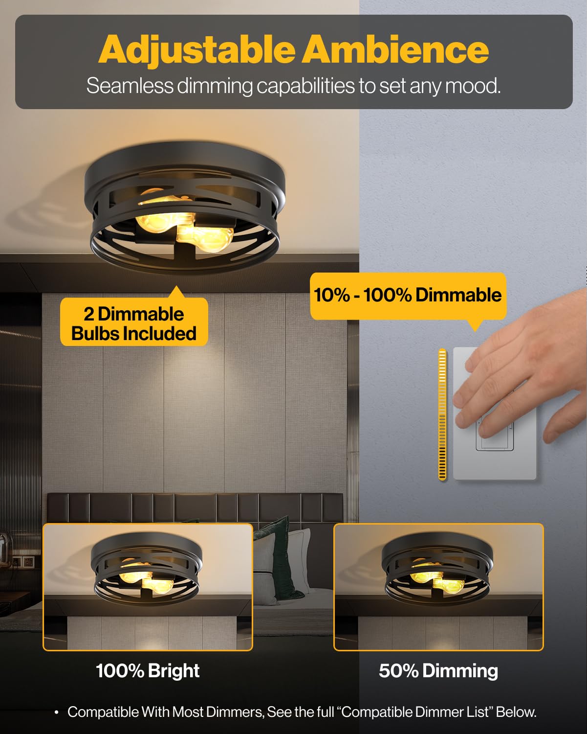 Sunco Flush Mount Ceiling Light, 11in Diameter, 2700K Soft White, Dimmable A19 Edison LED Bulbs, Alloy Steel, Model CL_MD_2H-BK-