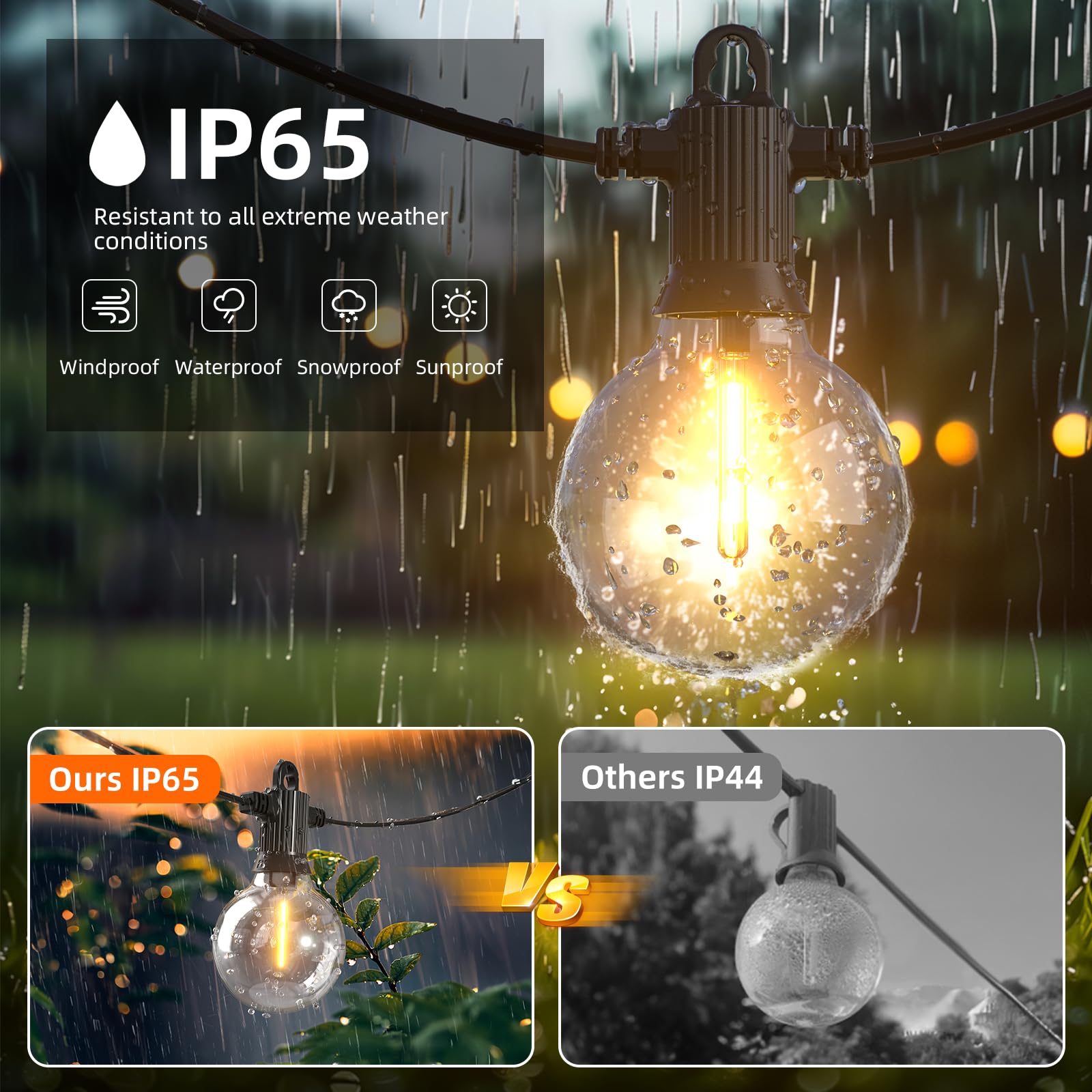 Kawaya Outdoor String Lights - LED Waterproof 300FT Black with 146+4 G40 Shatterproof Globe Bulbs - Model 12-25
