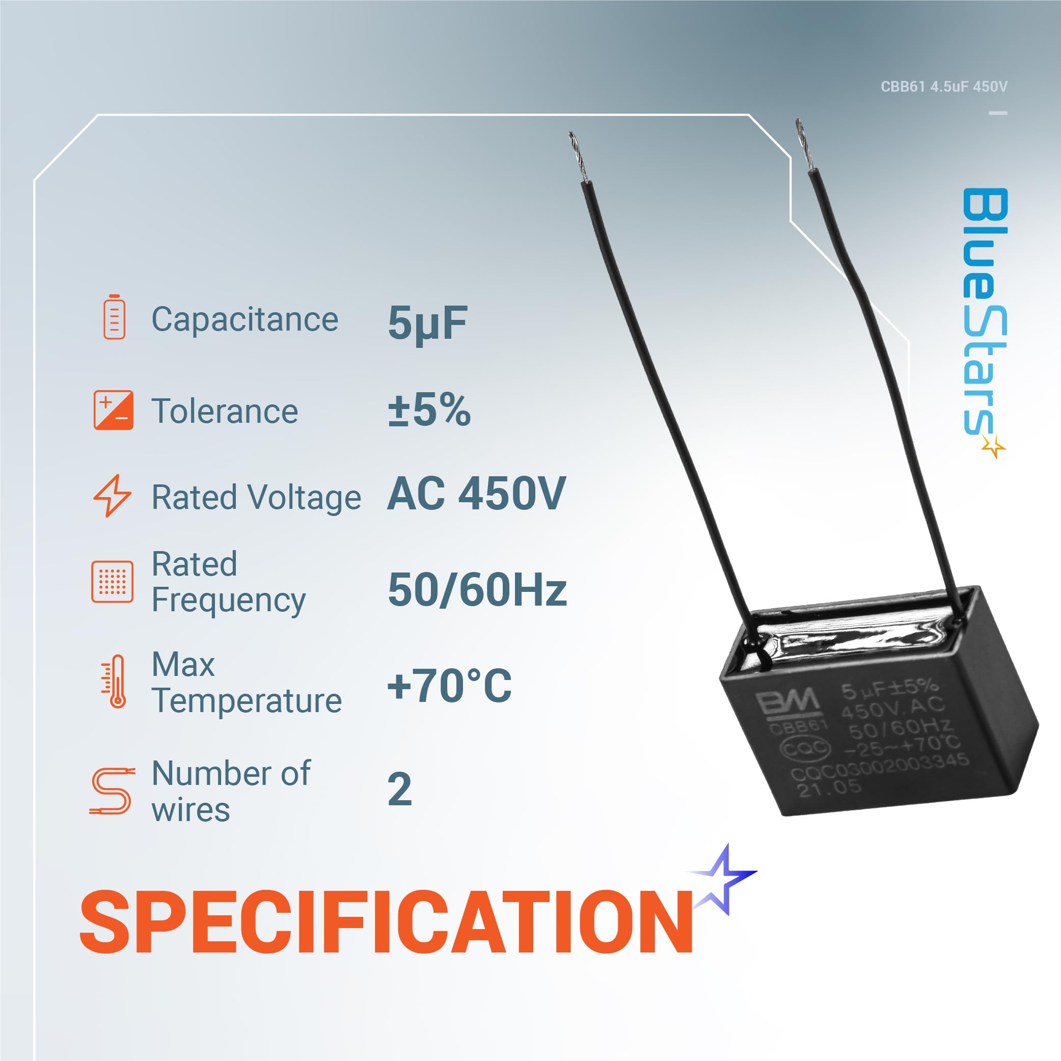 BlueStars CBB61 Capacitor 5uf 250V 450V AC for Ceiling Fan - Polypropylene Material