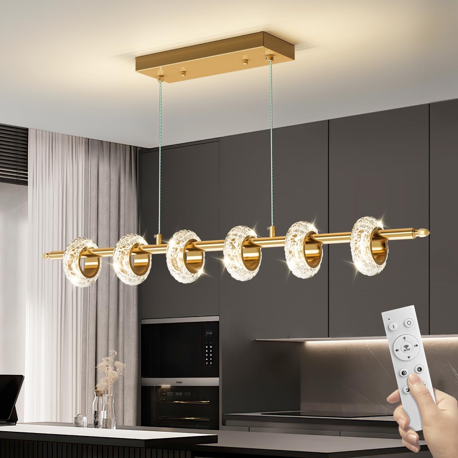 YaJaguse Dimmable Modern LED Chandelier with Remote Control  Crystal Dining Room Light Fixtures Over Table  3000K-6500K Gold Linear Pendant Light for Kitchen Island