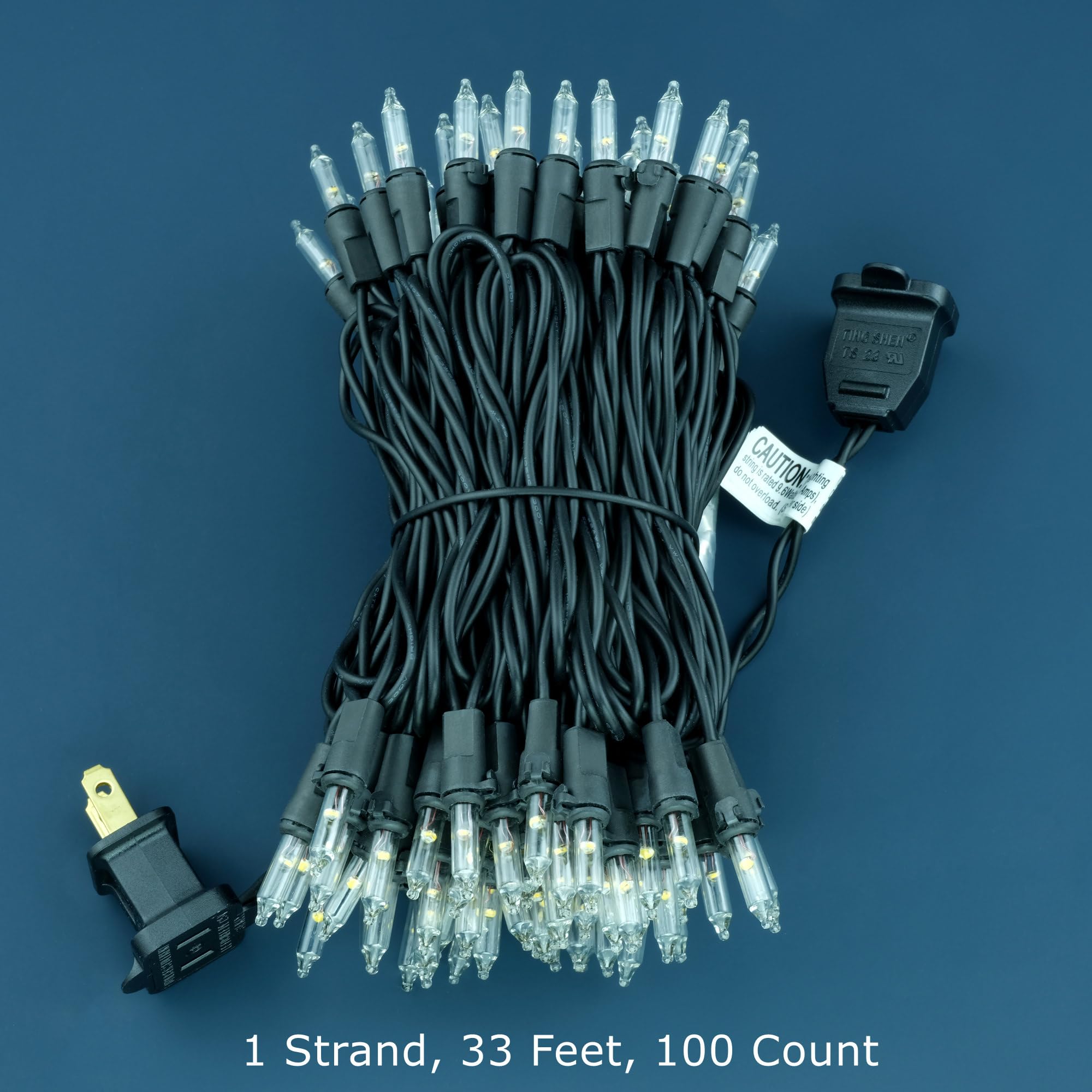YULETIME 100 Count Mini String Lights, 33ft Warm White, Black Wire, UL Certified, Model DDS-L-100E/2F(0.34)