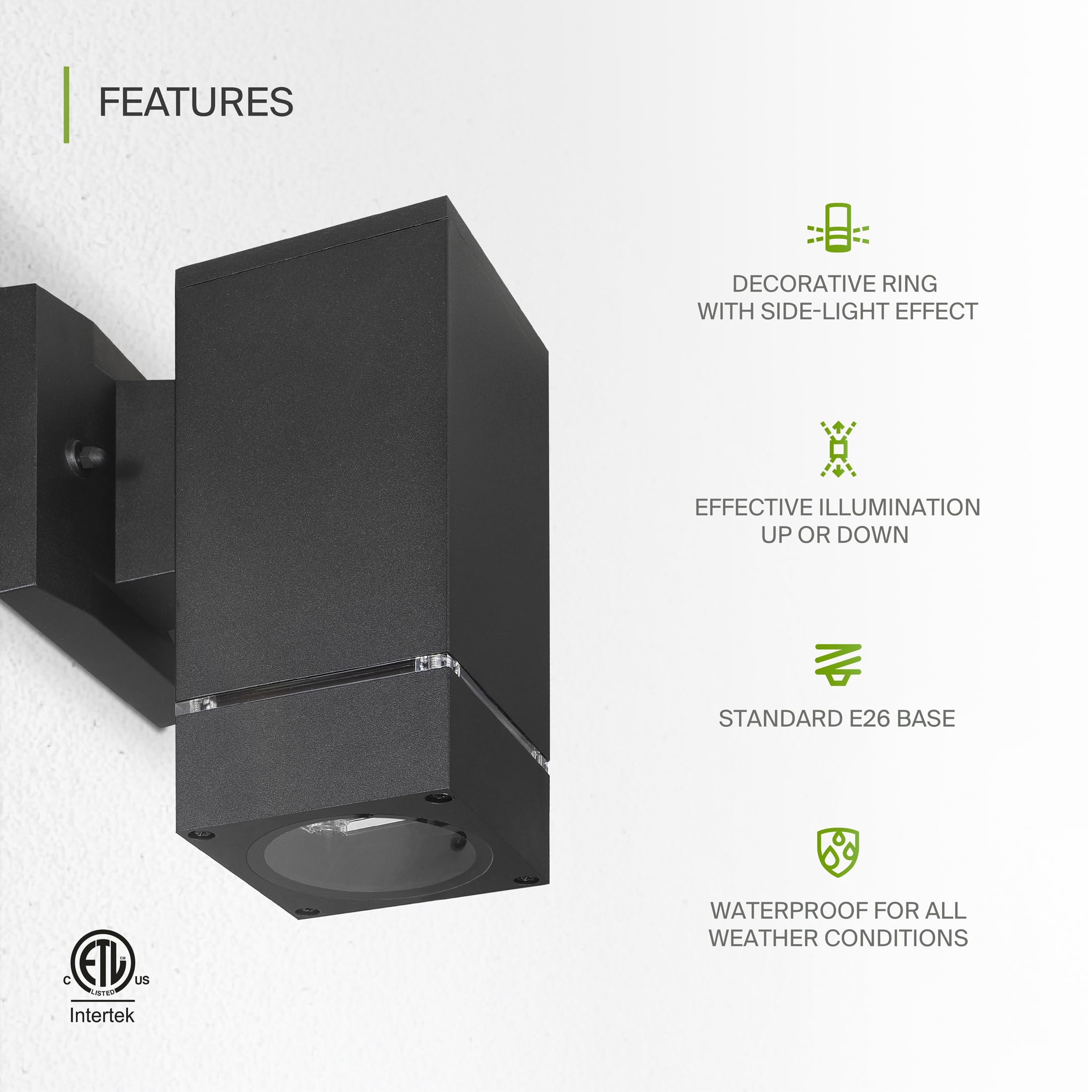 ASD 1-Way Square Wall Light Fixture, Dimmable, Waterproof, Black, 2 Pack, 60W E26 Socket, ETL Listed, Outdoor Porch Lamp