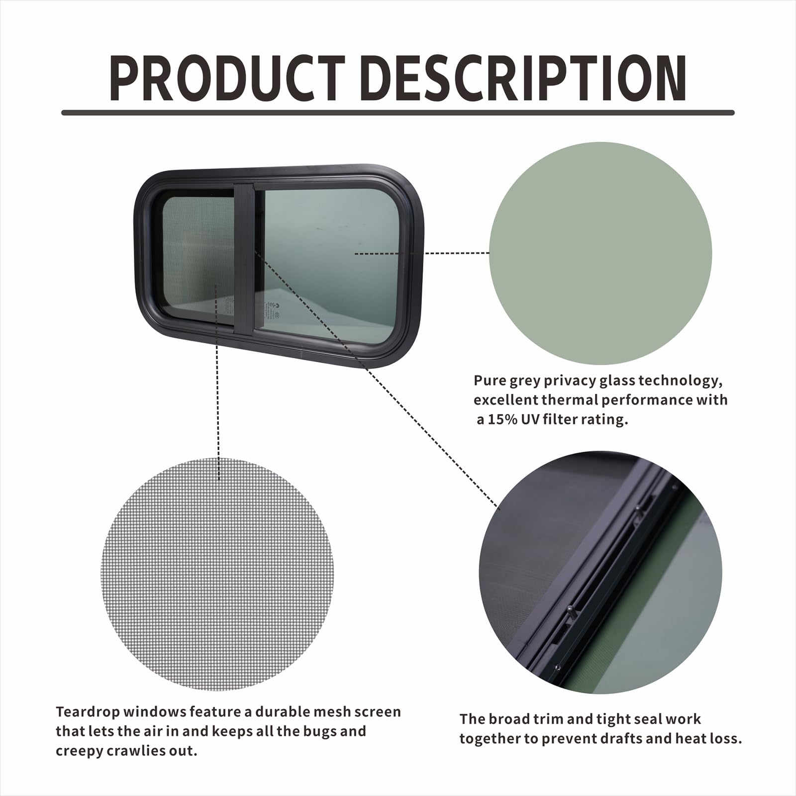 TZGP RV Windows - Replacement Camper Window, 12inW x 22inH, Tempered Glass, Black, Model SLIDER RV WINDOW 04, Vertical Venting with Screen