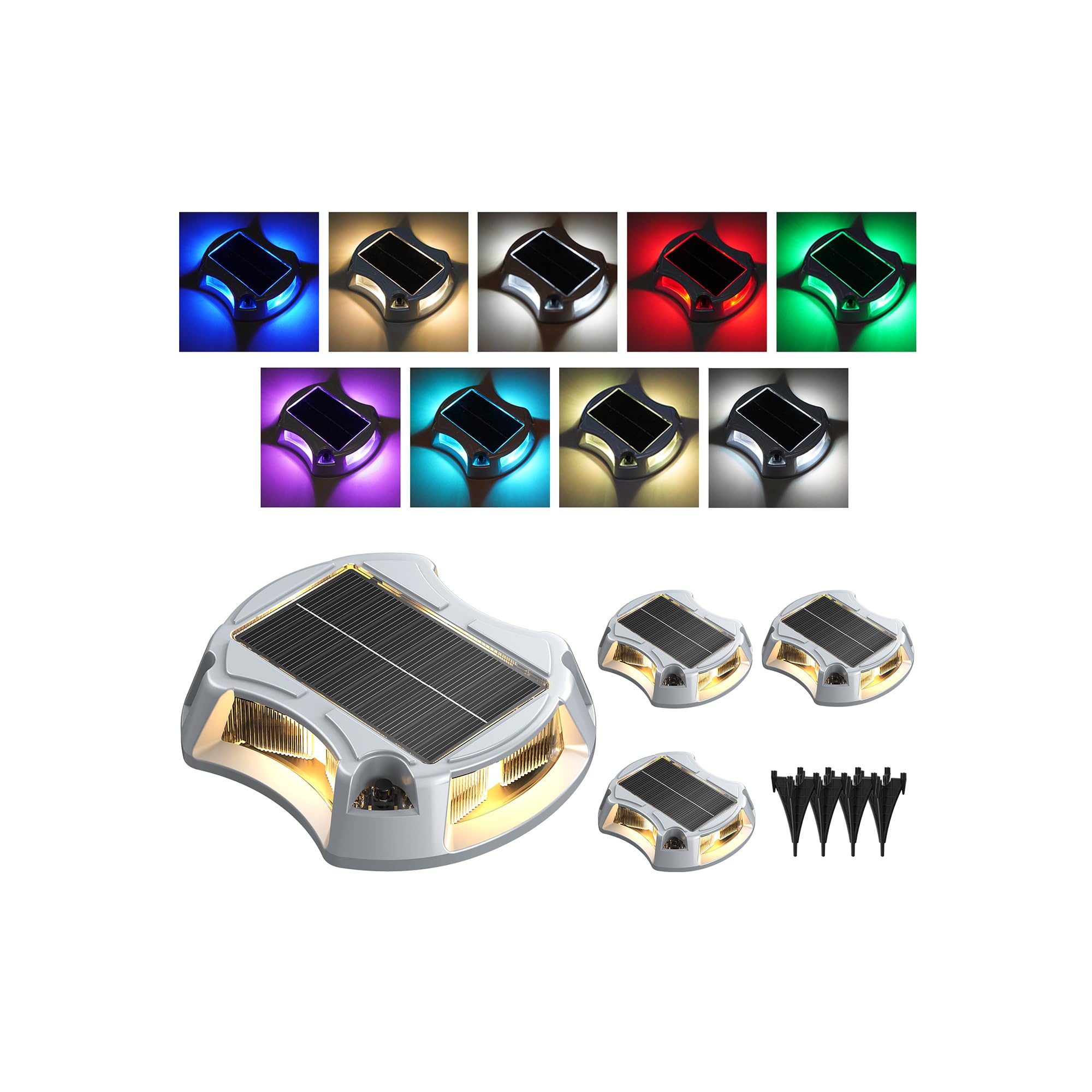 4Pack Solar Driveway Lights  Aluminum Alloy Solar Deck Light IP68 Outdoor Waterproof Marine Dock Lights  Multi-Color LED Driveway Markers for Driveway Sidewalk Pathway[RGB/Fix-Color/Strobe]