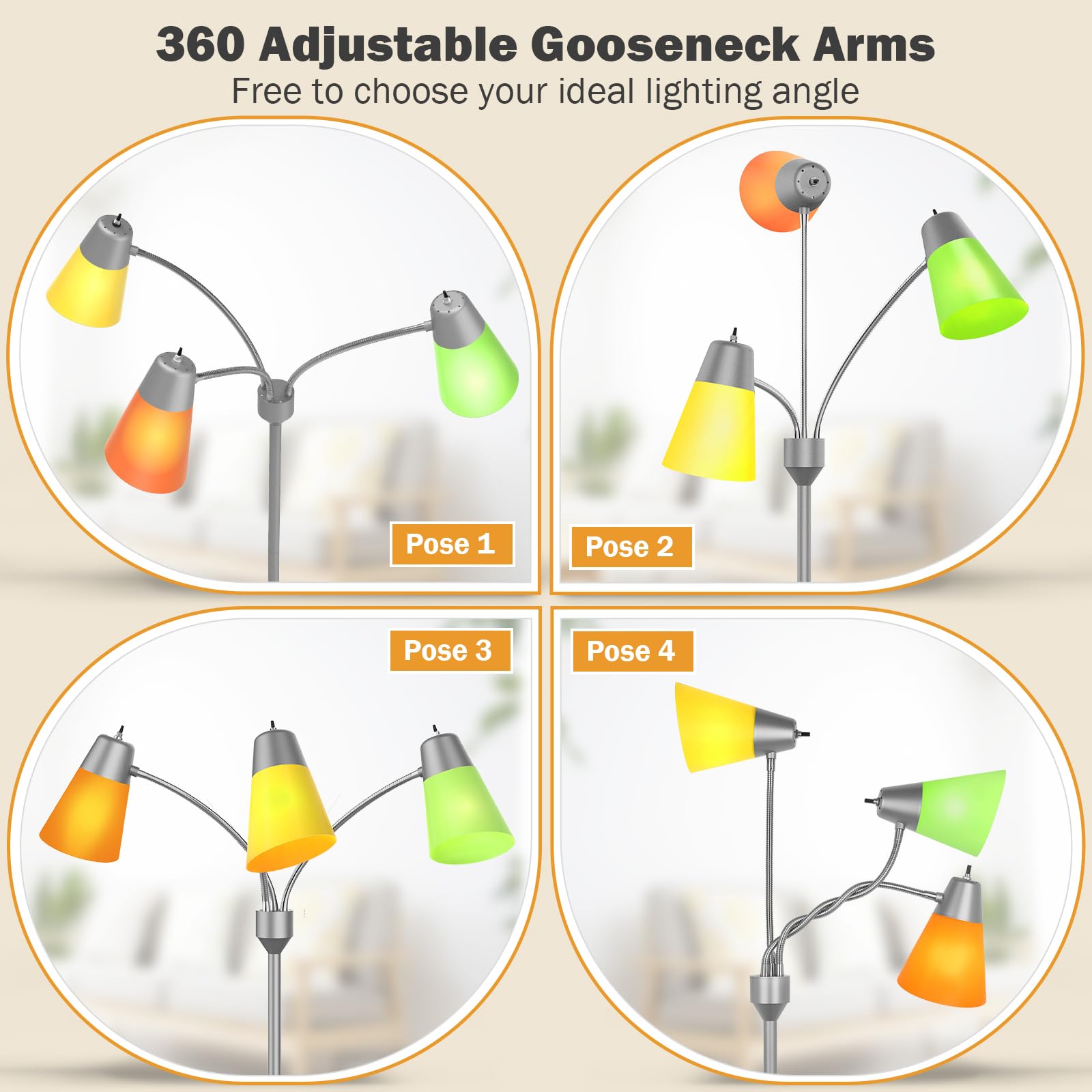 FOLKSMATE LED Floor Lamp, Medusa 3 Head Gooseneck, Adjustable, Silver Grey, Model F107