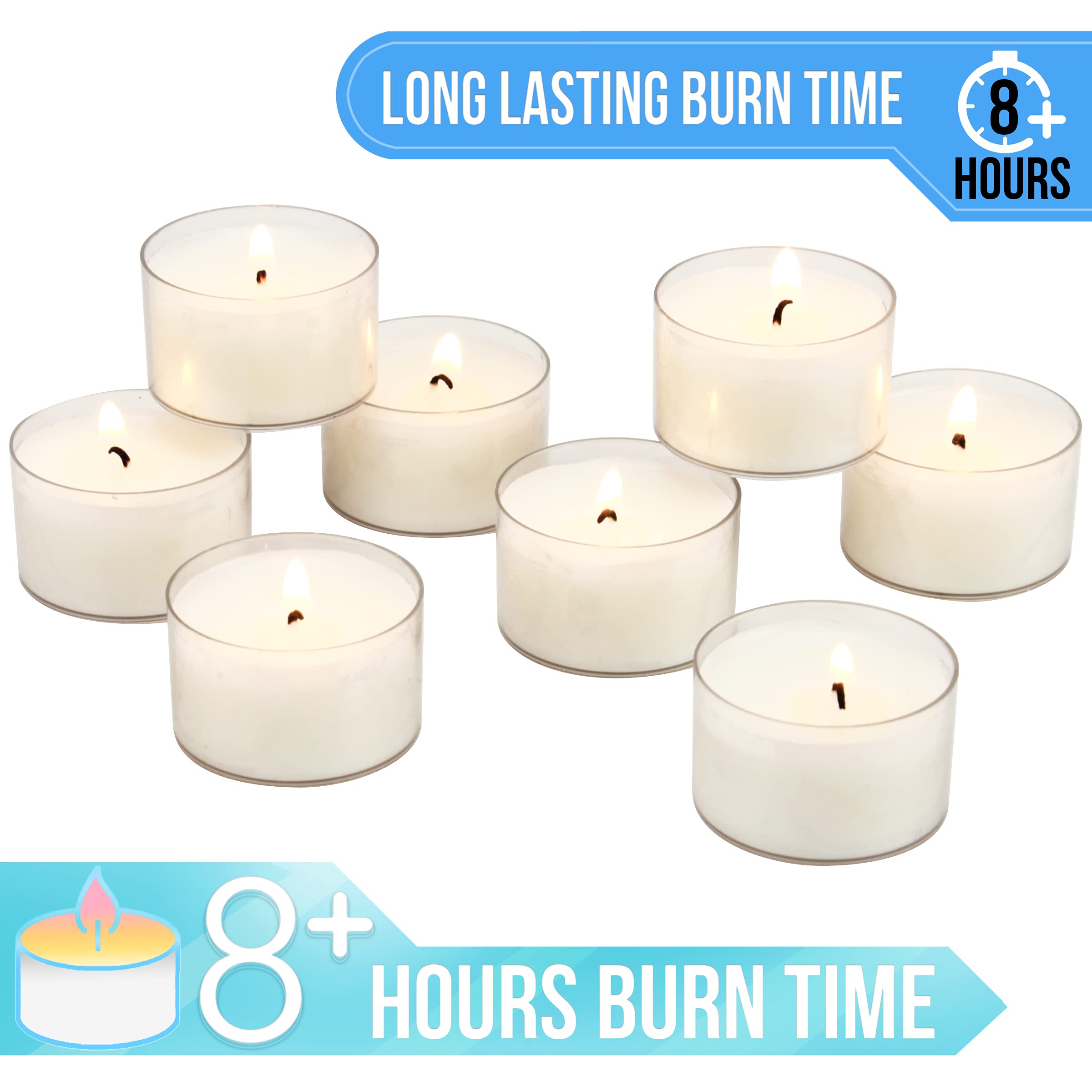 Stonebriar Bulk 96 Pack Unscented Smokeless Long Burning Clear Cup Tea Light Candles With 8 Hour Extended Burn Time, White