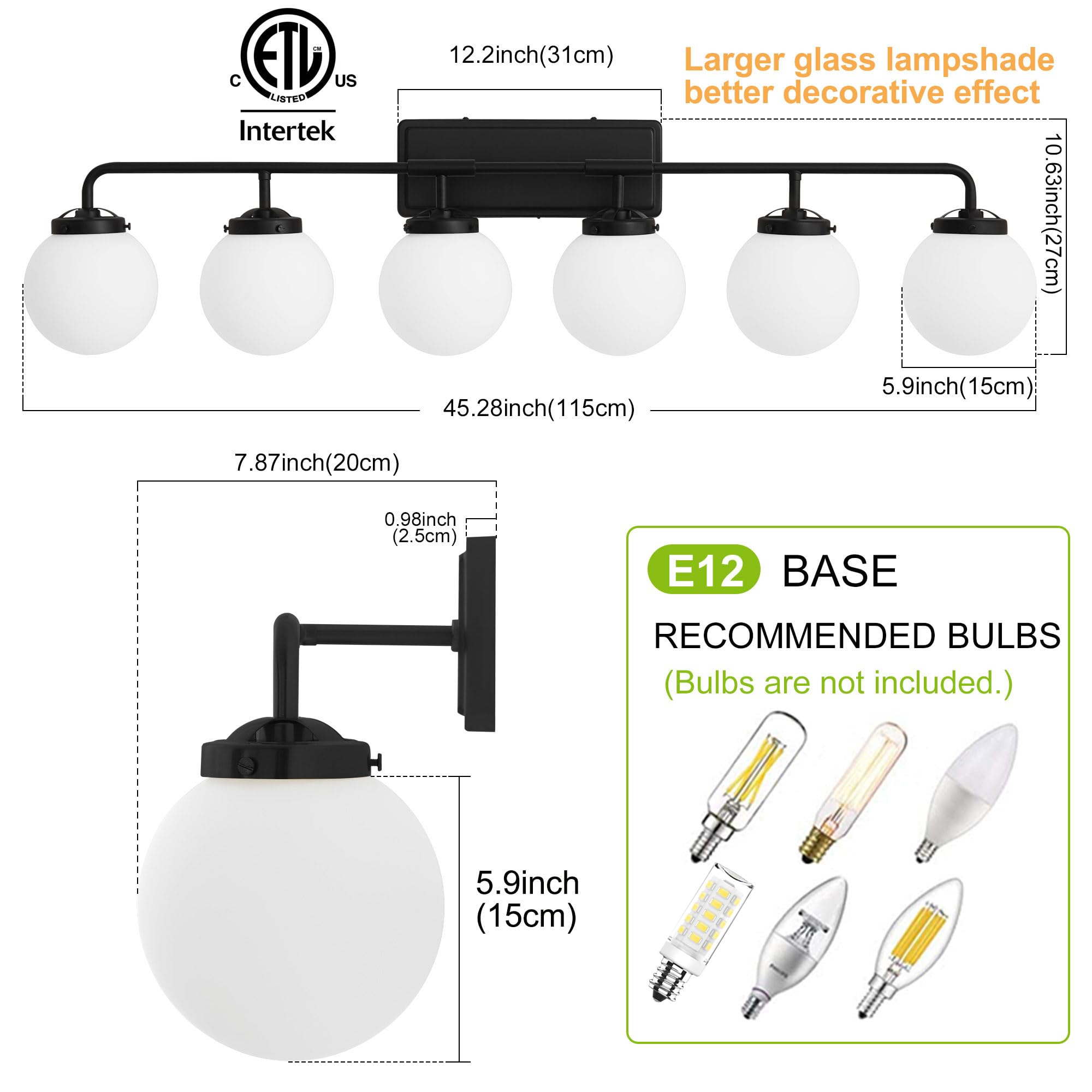 Deyidn 6-Light Matte Black Bathroom Light Fixture Over Mirror with Milk White Glass Shades, Model 1758-6