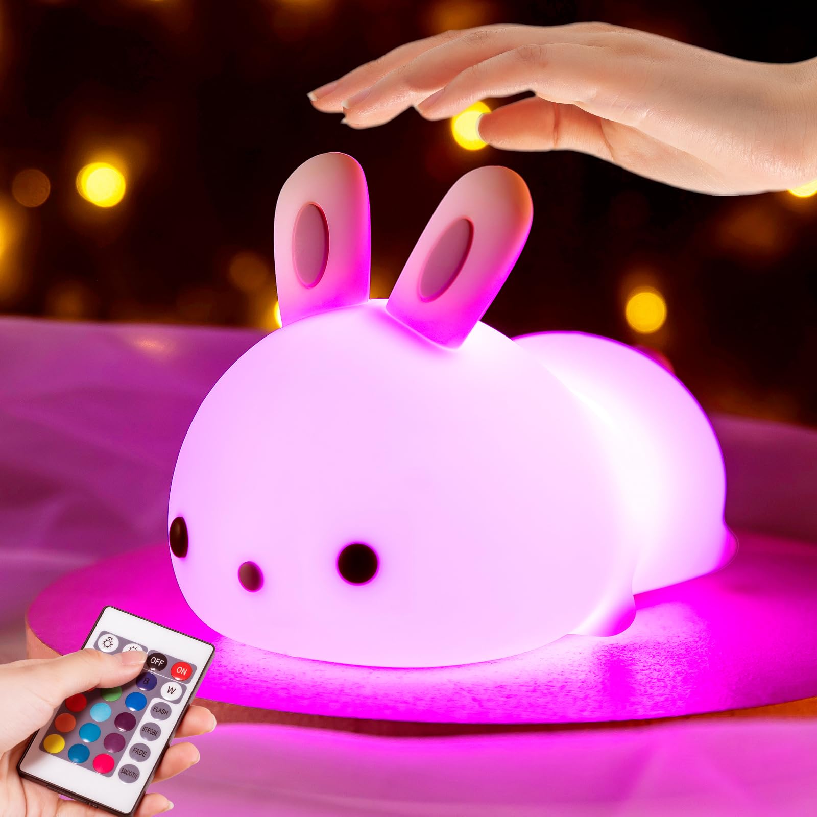 Mubarek Bunny Night Light for Kids, Dimmable, 16 Colors, Remote Control, 1800mAh, Safe Material, Cute Design