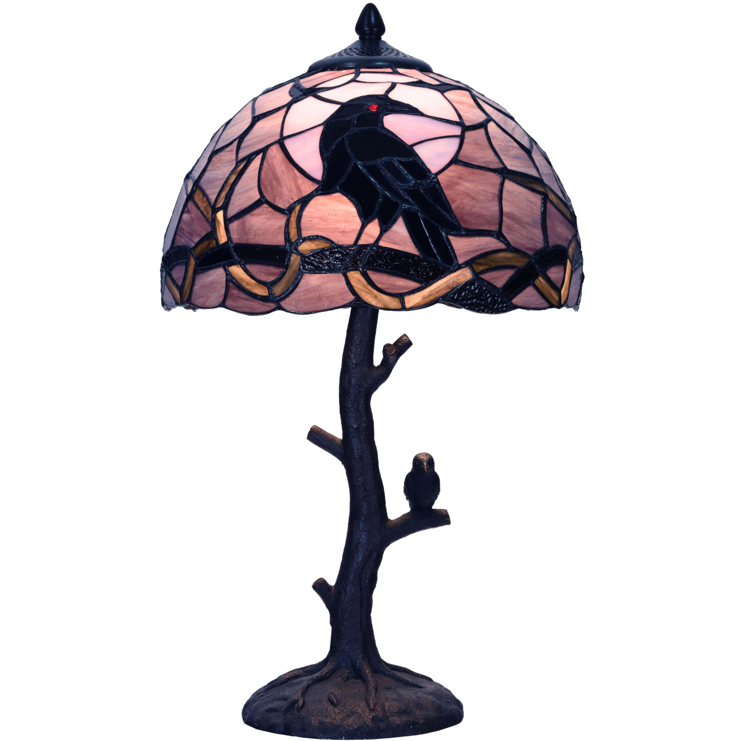 Bieye L12024 Raven Sitting on Bare Tree Branch in Full Moon Night Tiffany Style Stained Glass Table Lamp for Home Decor (Dark Pu