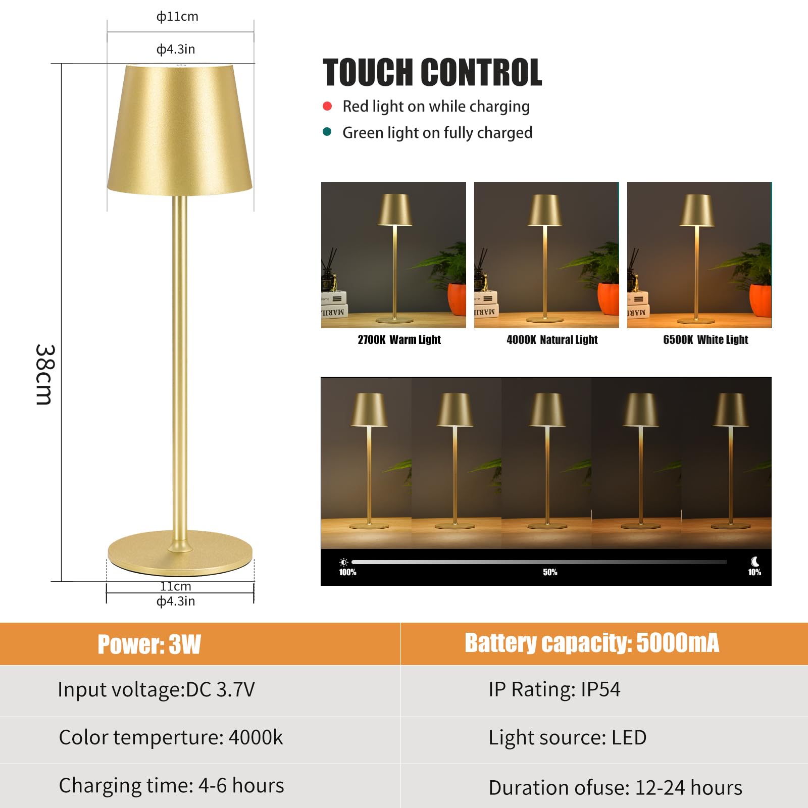 BGFHome Cordless LED Desk Lamp - 5000mAh Rechargeable Touch Light, 2 Pack, Gold, Minimalist Design for Home & Outdoor Use