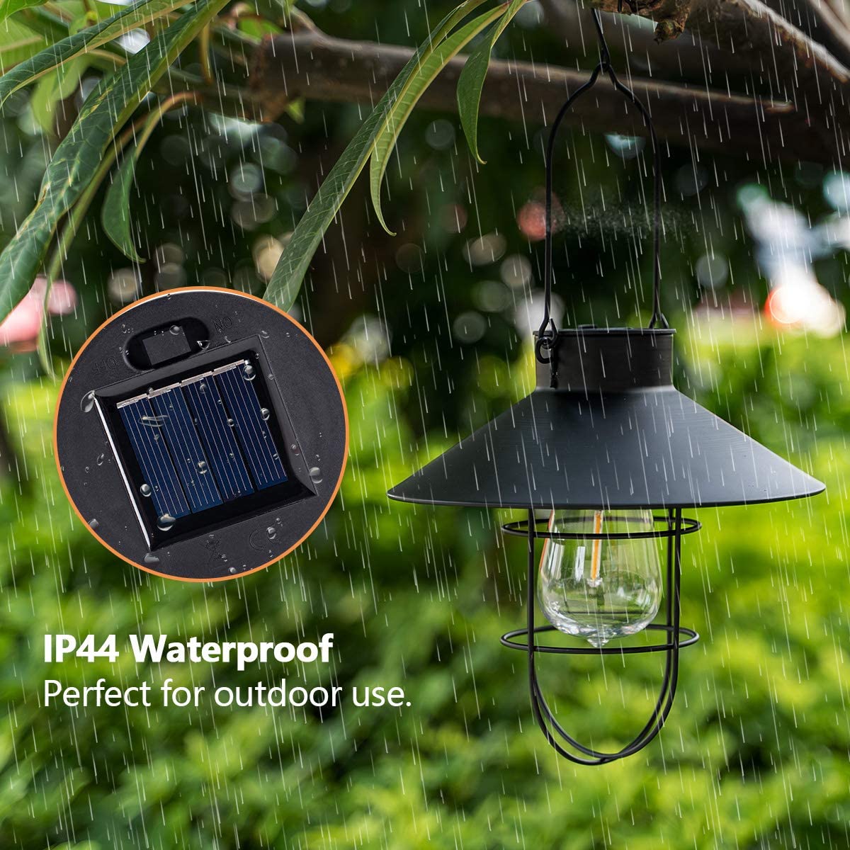 HUYIENO Solar Metal Hanging Lanterns - 2 Pack with Shepherd Hook, Outdoor LED Garden Lights, Black, Model HY1203