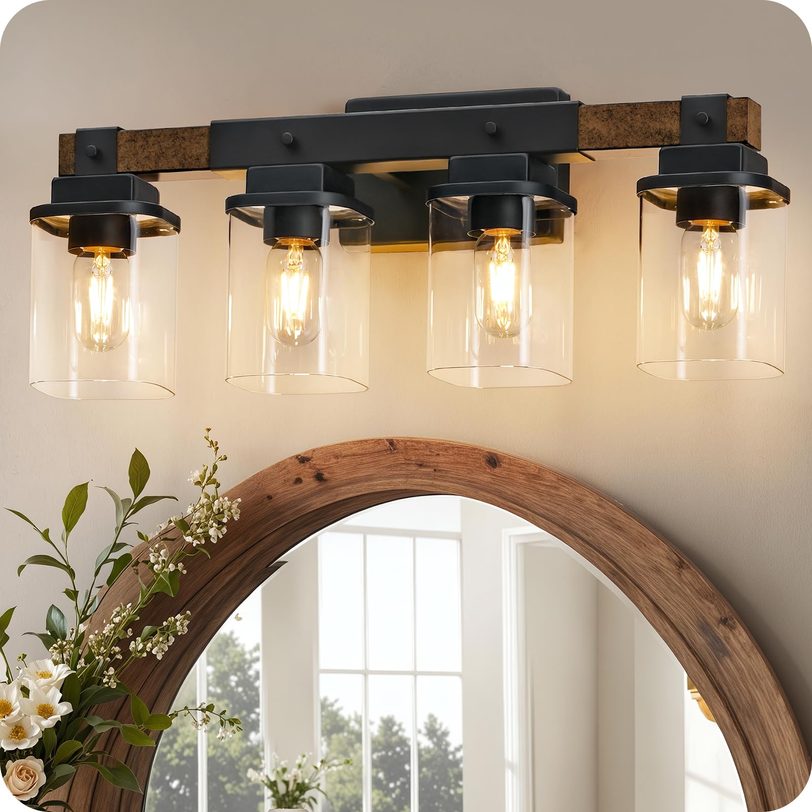 GOEBLESON 4-Light Bathroom Light Fixtures, Rustic Brown + Black, Metal, Model FS09BD05, ETL Listed, Glass Square Shade