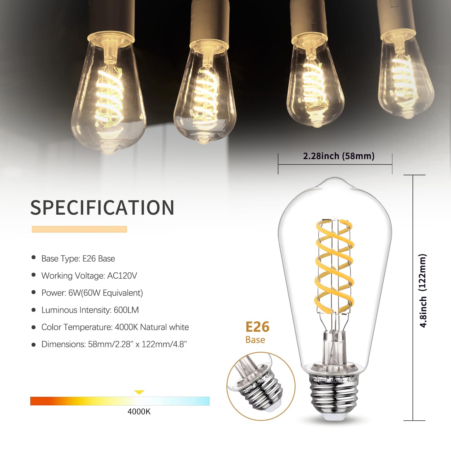 Austin Coast 6 Pcs Dimmable Vintage Led Edison Bulbs, 6W Equivalent 60 Watt, Natural White 4000K, Antique Flexible Spiral Led Fi