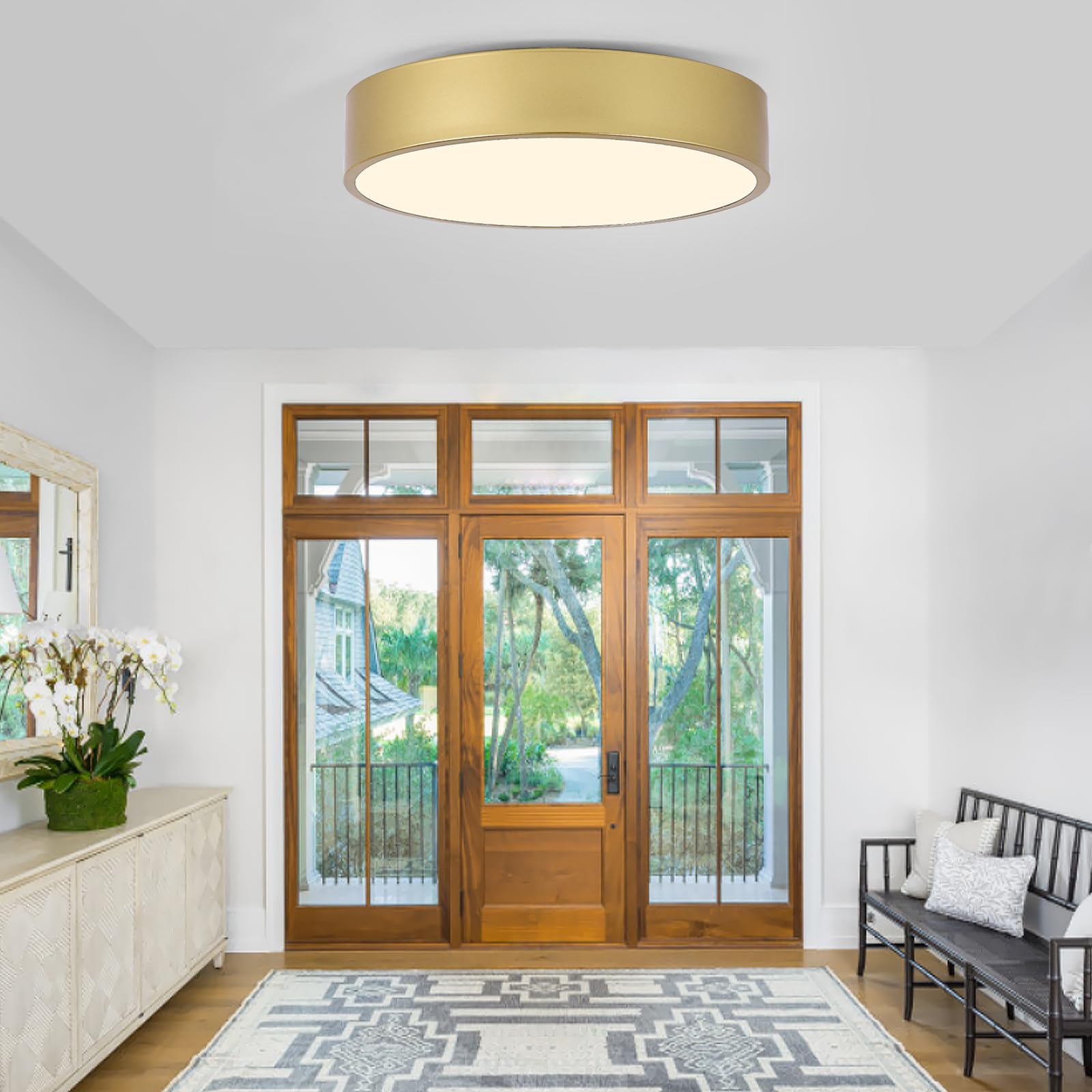POLITAMP Modern Gold Flush Mount Ceiling Light, 3-Light Acrylic Shade, 15.8" for Hallway, Foyer, Bedroom, Kitchen