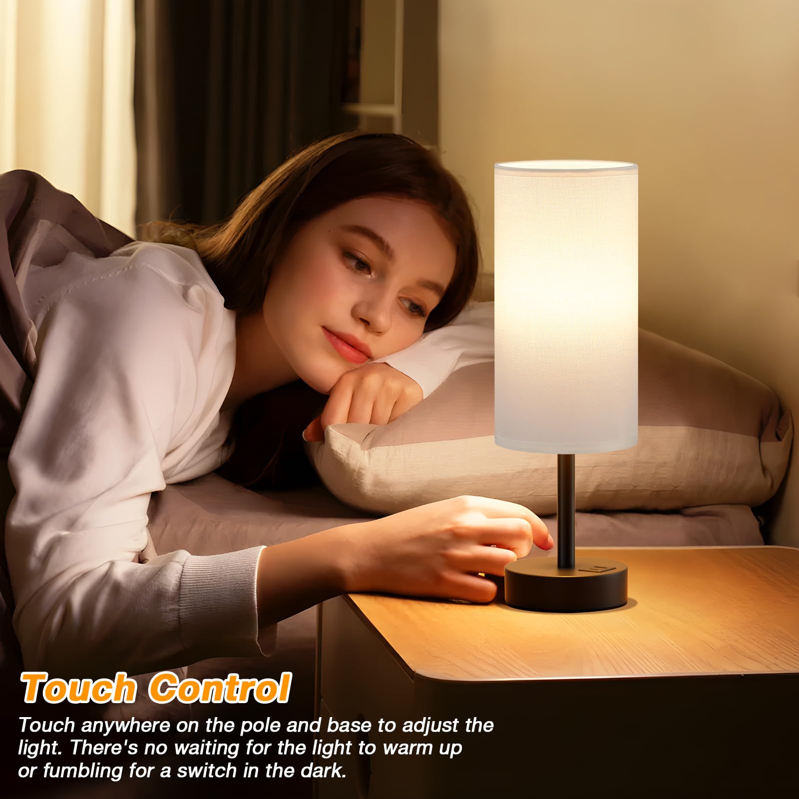 White Touch Table Lamp With Usb - 3 Way Dimmable Bedside Lamp For Nightstand, Bedroom Lamp With Black Charging Station For Desk,