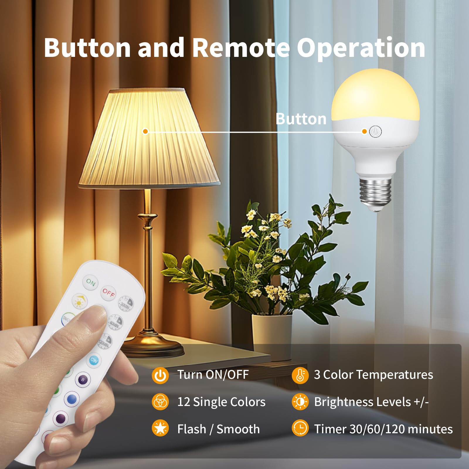 Histar Rechargeable Light Bulbs For Sconce And Lamp, E26 Battery Operated Light Bulb With Remote, Rgb, Timer, Dimmable, 3 Color