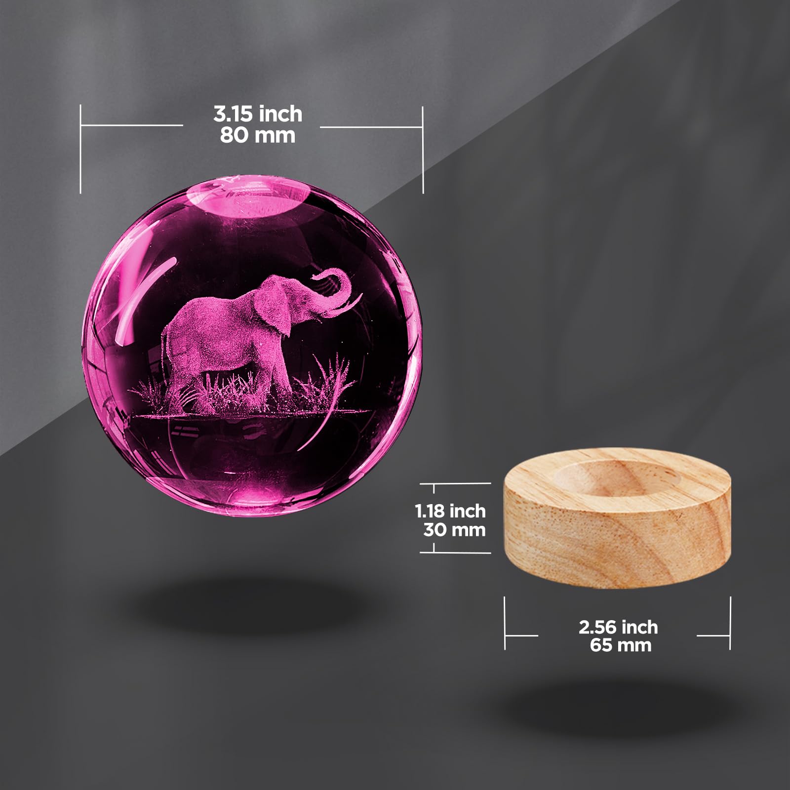 Oriamde 3D Elephant Crystal Ball Night Light 3.15 Inch Glass Ball Lamp With 16 Color Changing Wooden Base And Remote Control Elephant Gifts For Kids Friends Birthday Christmas Room Decor