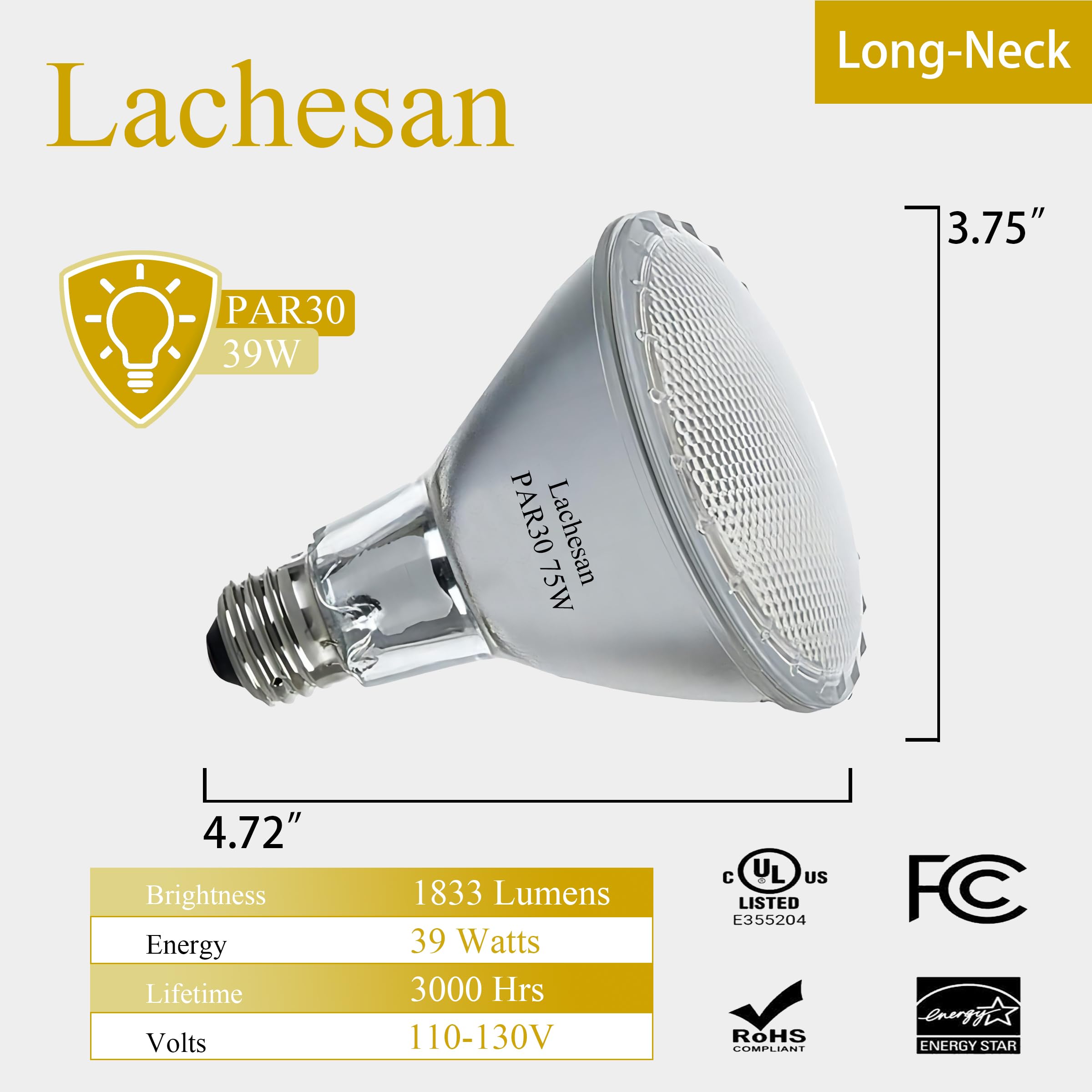 Lachesan Par30 39W Long Neck Halogen Flood Light Bulbs 6Pcs, 120V 2700K Warm White Dimmable High Brightness, E26 Base, Great For
