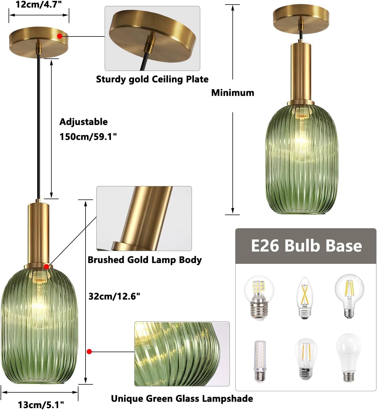KCO Green Ribbed Glass Pendant Light, Antique Brass, 13cm, Model L1164-G, Mid Century Modern Hanging Fixture