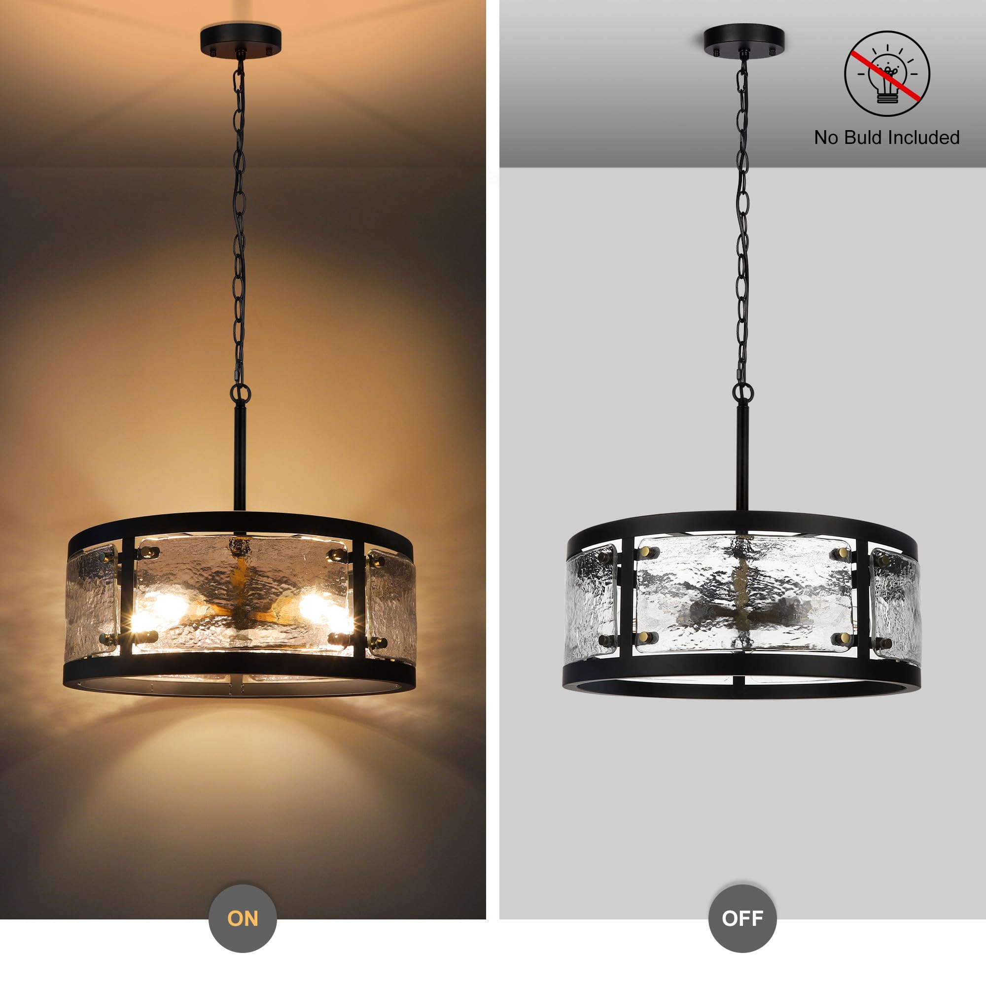 CNRATYE 20" Black Farmhouse Round Chandelier, 5-Light Industrial Glass Light Fixture for Dining Room, Kitchen, Living Room