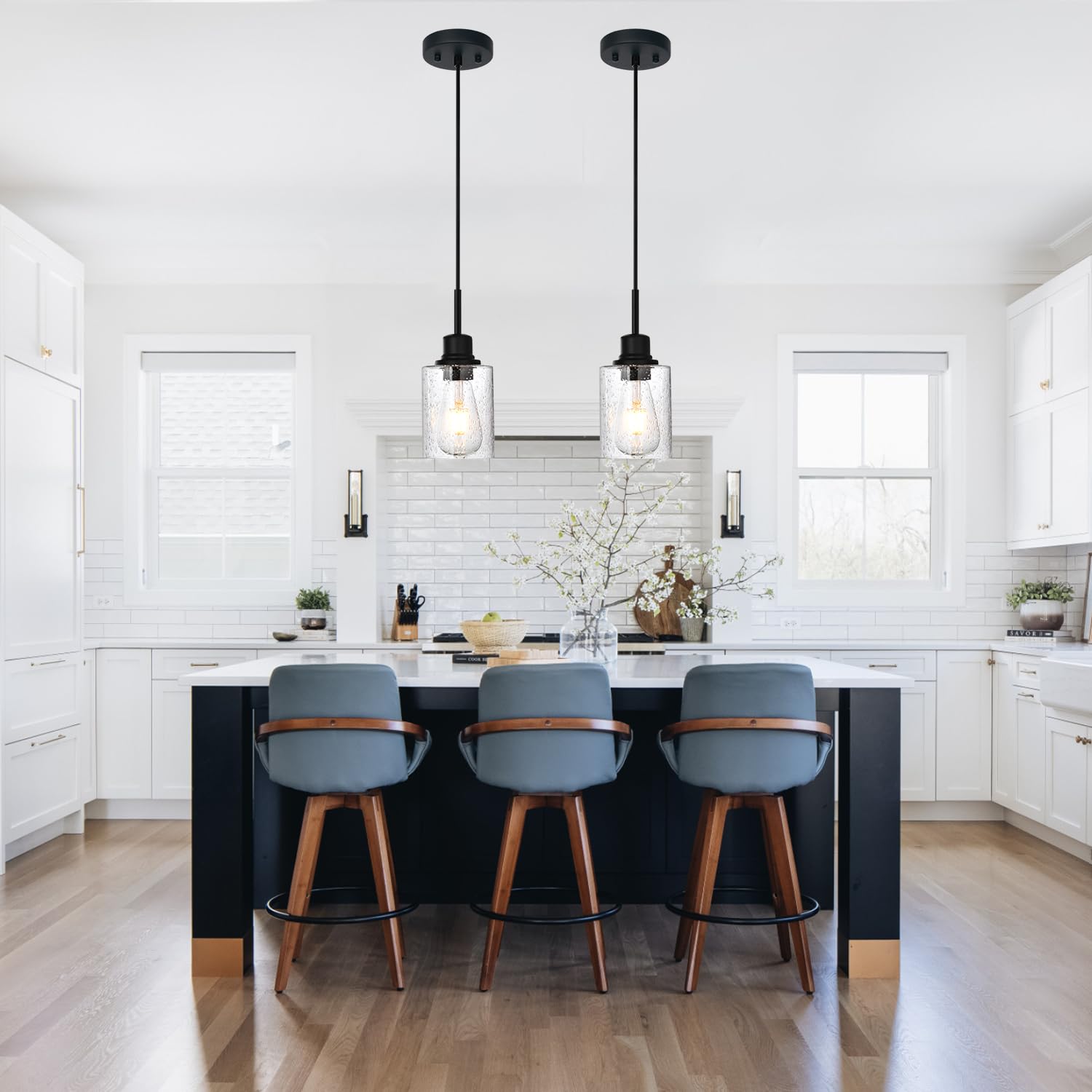 Pendrion Modern 3-Light Pendant Island Light Fixture Black Ceiling Hanging Lights With Clear Seeded Glass And Adjustable Cord,In